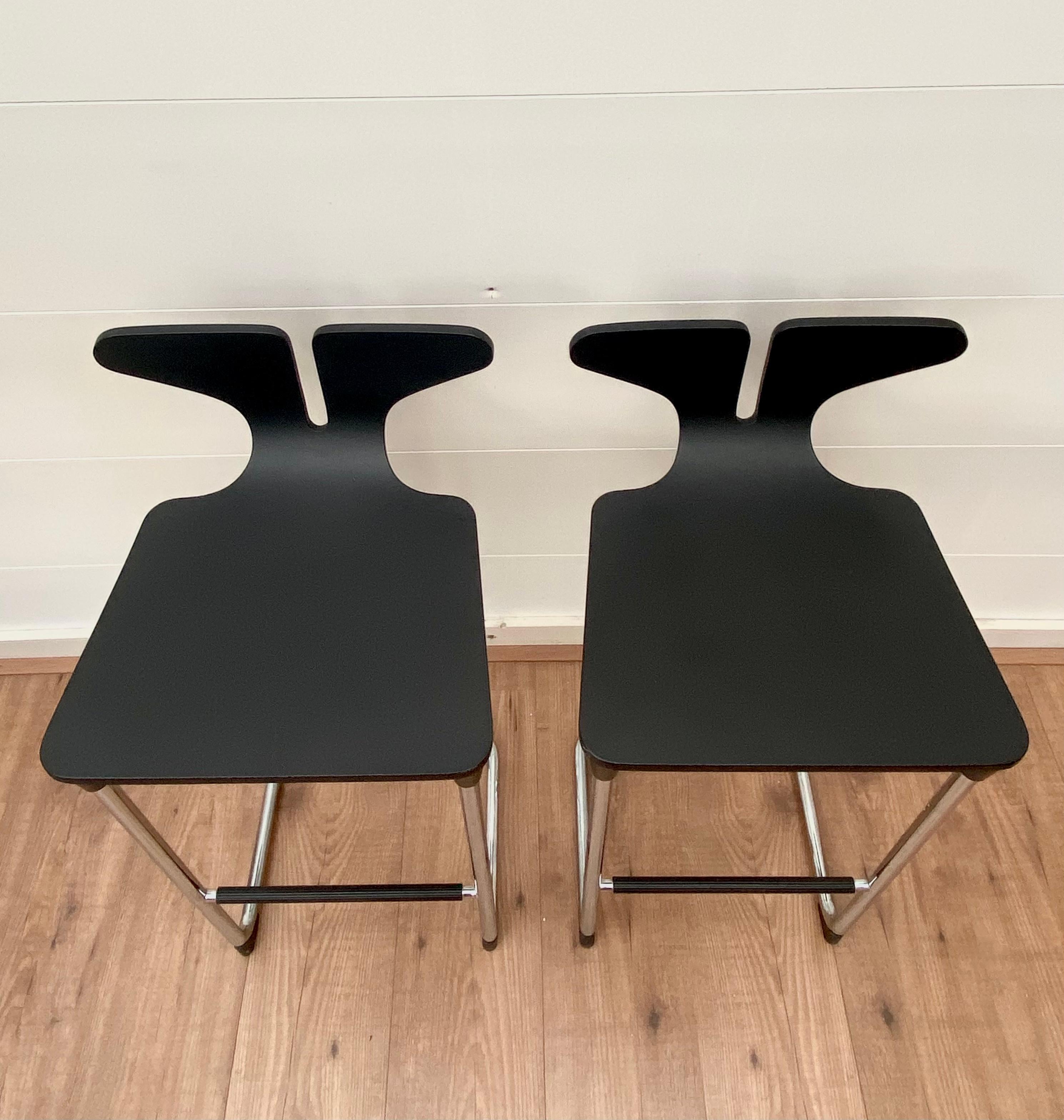 Italian Set of Two Black and Chromed Modern Barstools For Sale