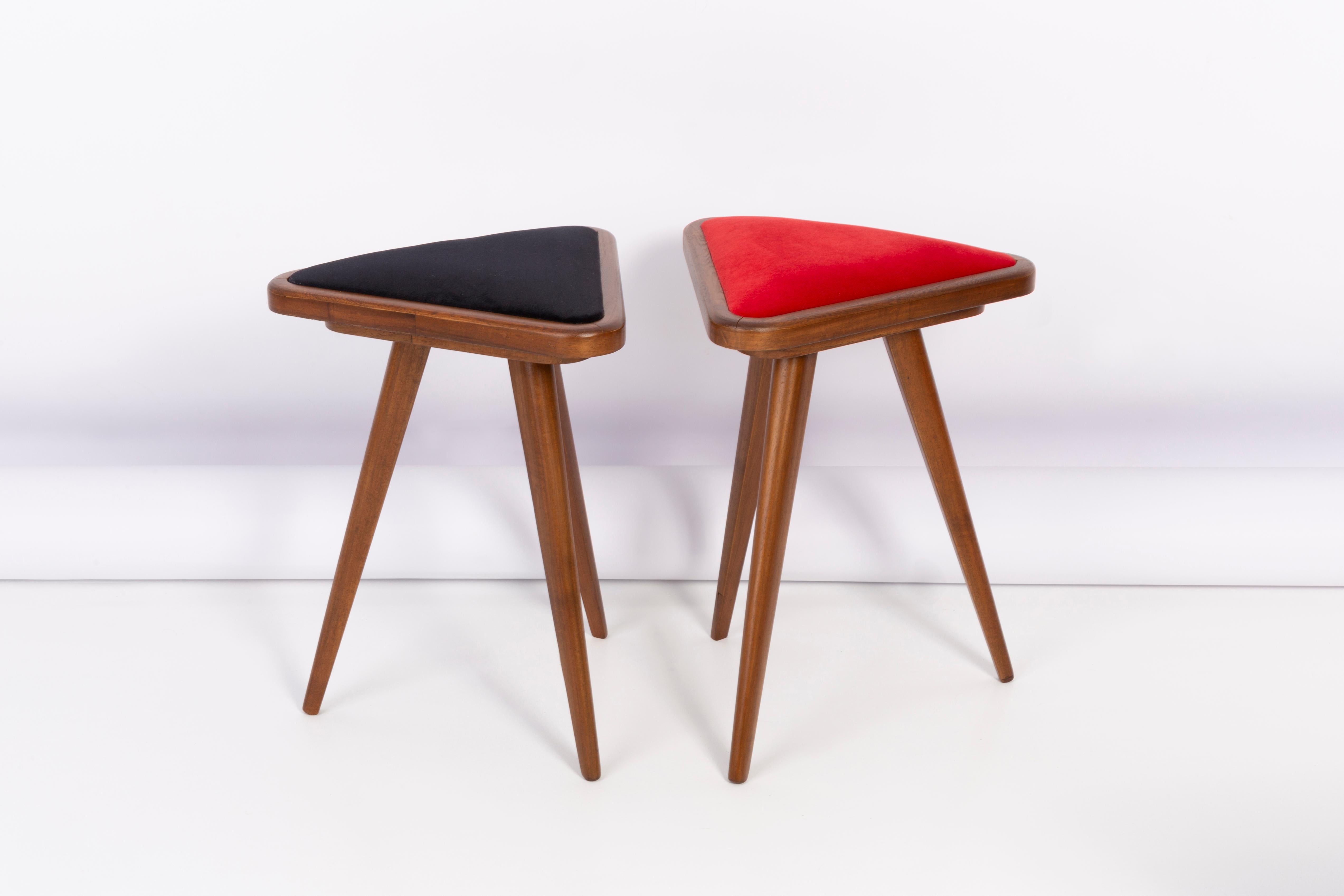 Stools from the turn of the 1960s and 1970s. Beautiful velour upholstery in 2 different colors. The stools consists of an upholstered part, a seat and wooden legs narrowing downwards, characteristic of the 1960s style. They are absolutely