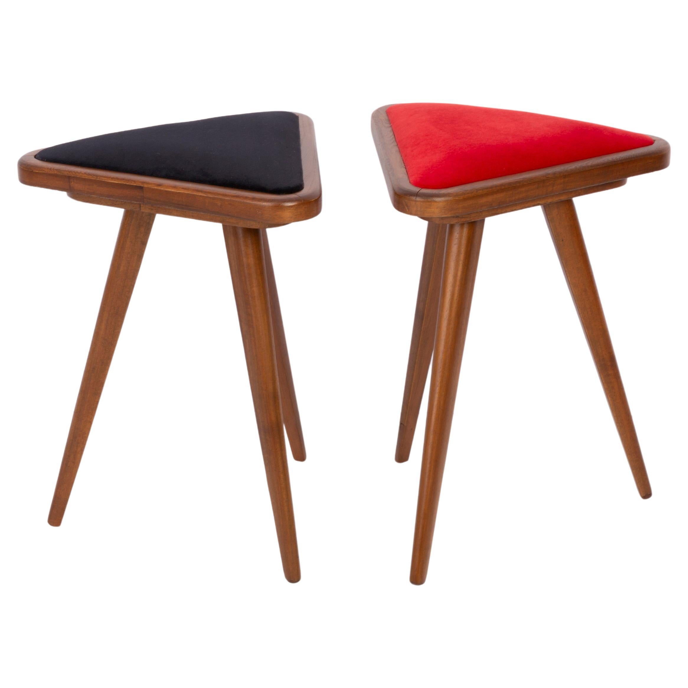 Set of Two Black and Red Velvet 20th Century Triangle Stools, 1960s For Sale