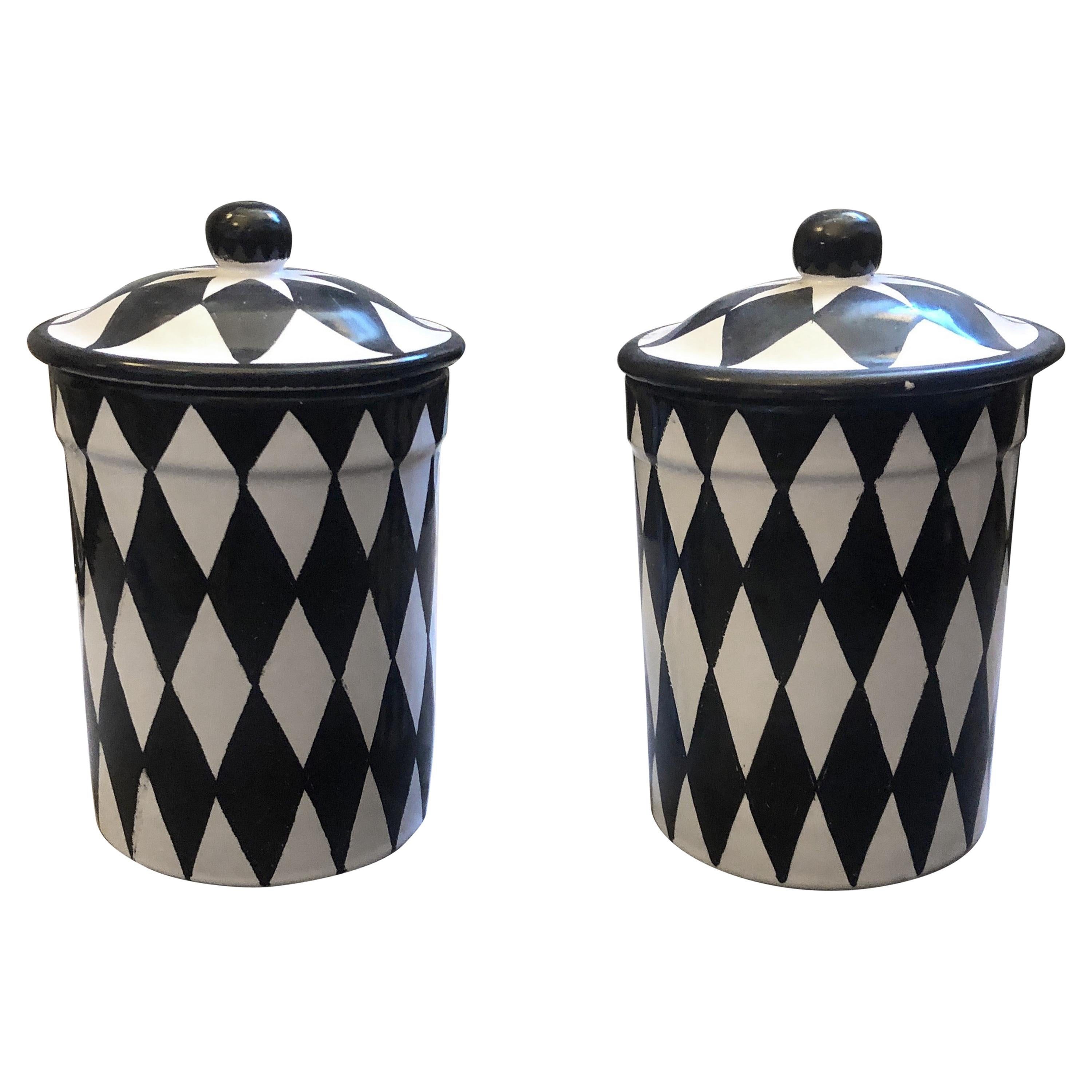 Set of Two Black and White Hand Painted Terracotta Sicilian Saltcellars