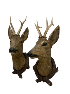 Set of Two Black Forest Wood Carved Deer Head with Real Antlers, 19th Century