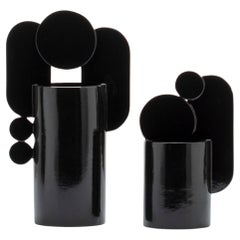 Set of two Black Glazed Ceramic vases Postmodern Bauhaus Style