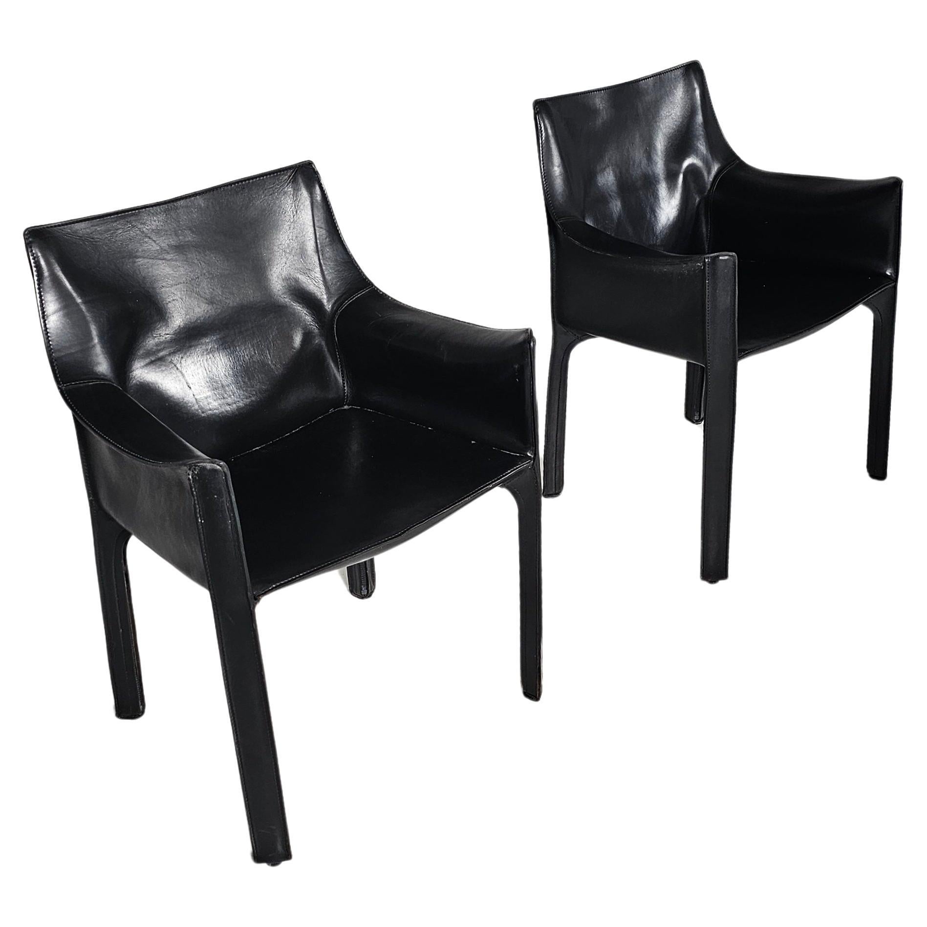 Set of two black leather Cab 413 Chairs by Mario Bellini for Cassina