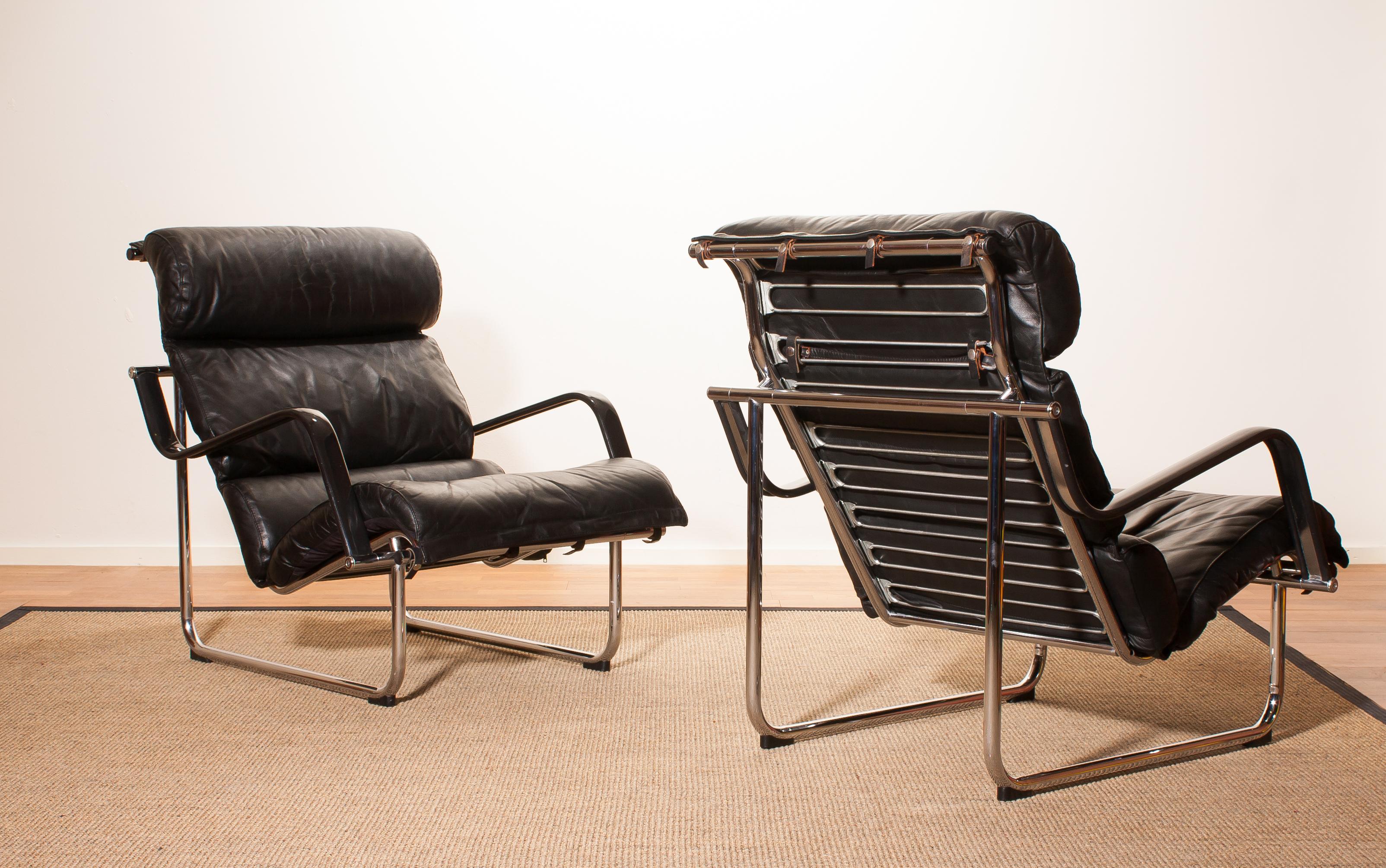 Finnish Set of Two Black Leather Lounge Chairs by Yrjö Kukkapuro 