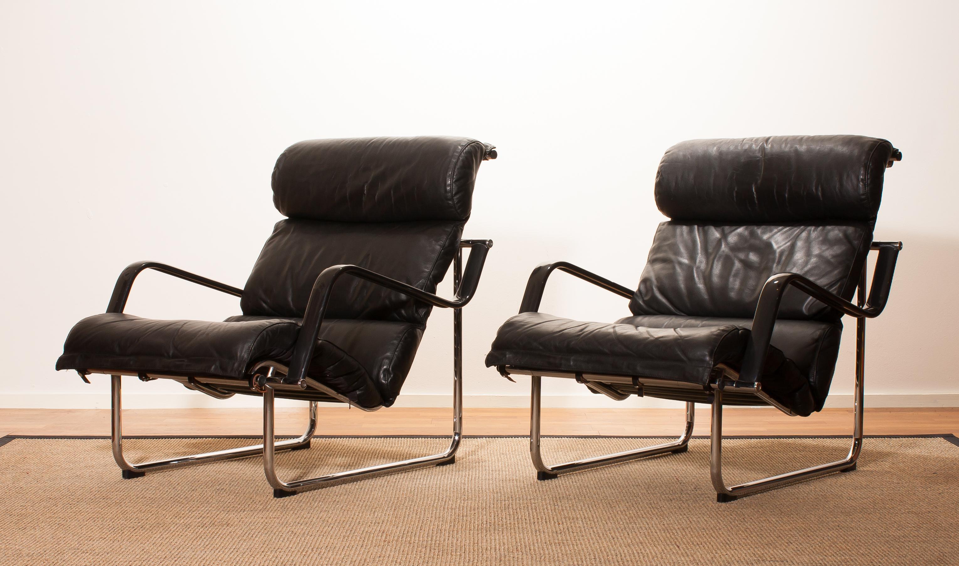 Set of Two Black Leather Lounge Chairs by Yrjö Kukkapuro 