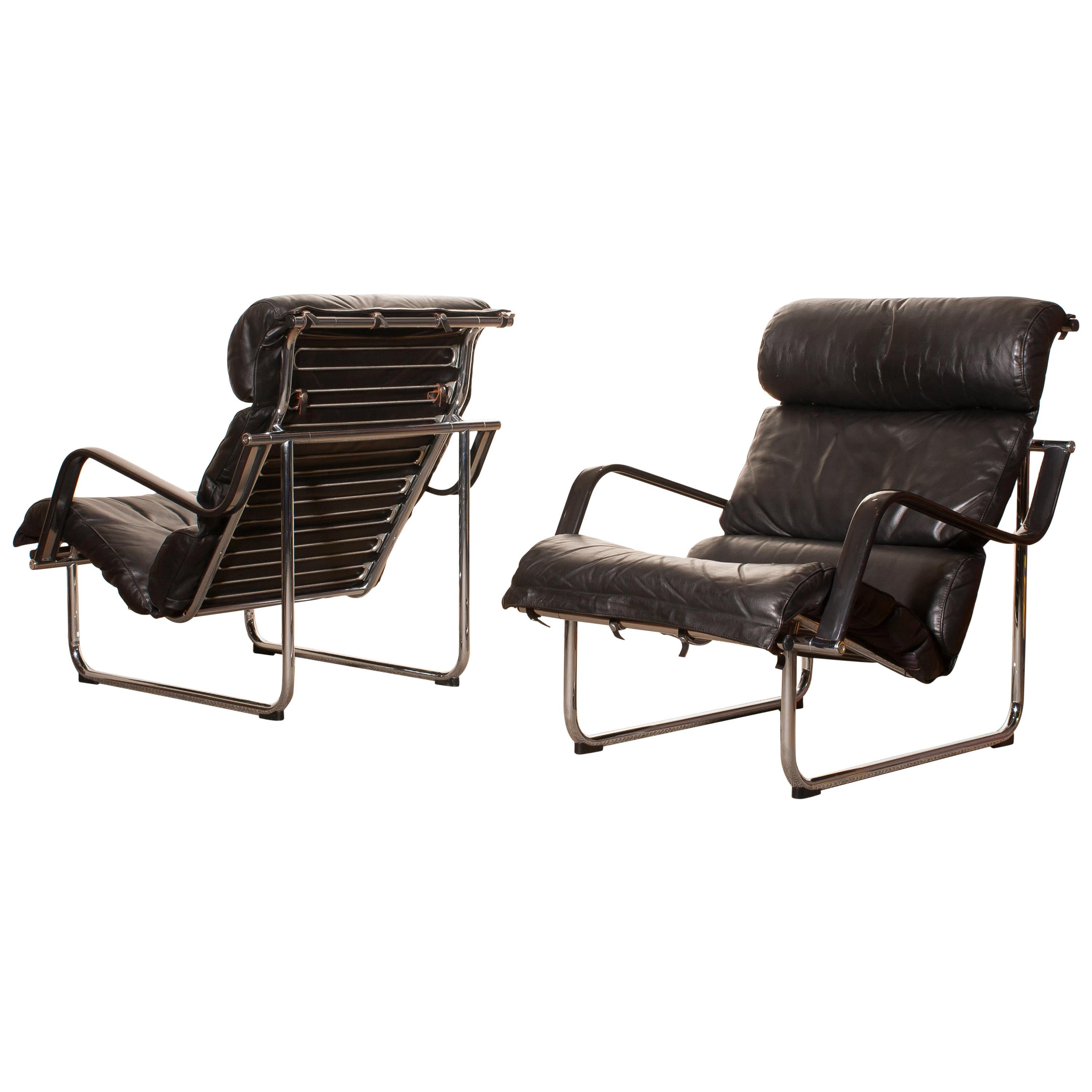 Set of Two Black Leather Lounge Chairs by Yrjö Kukkapuro "Remmie" from Finland