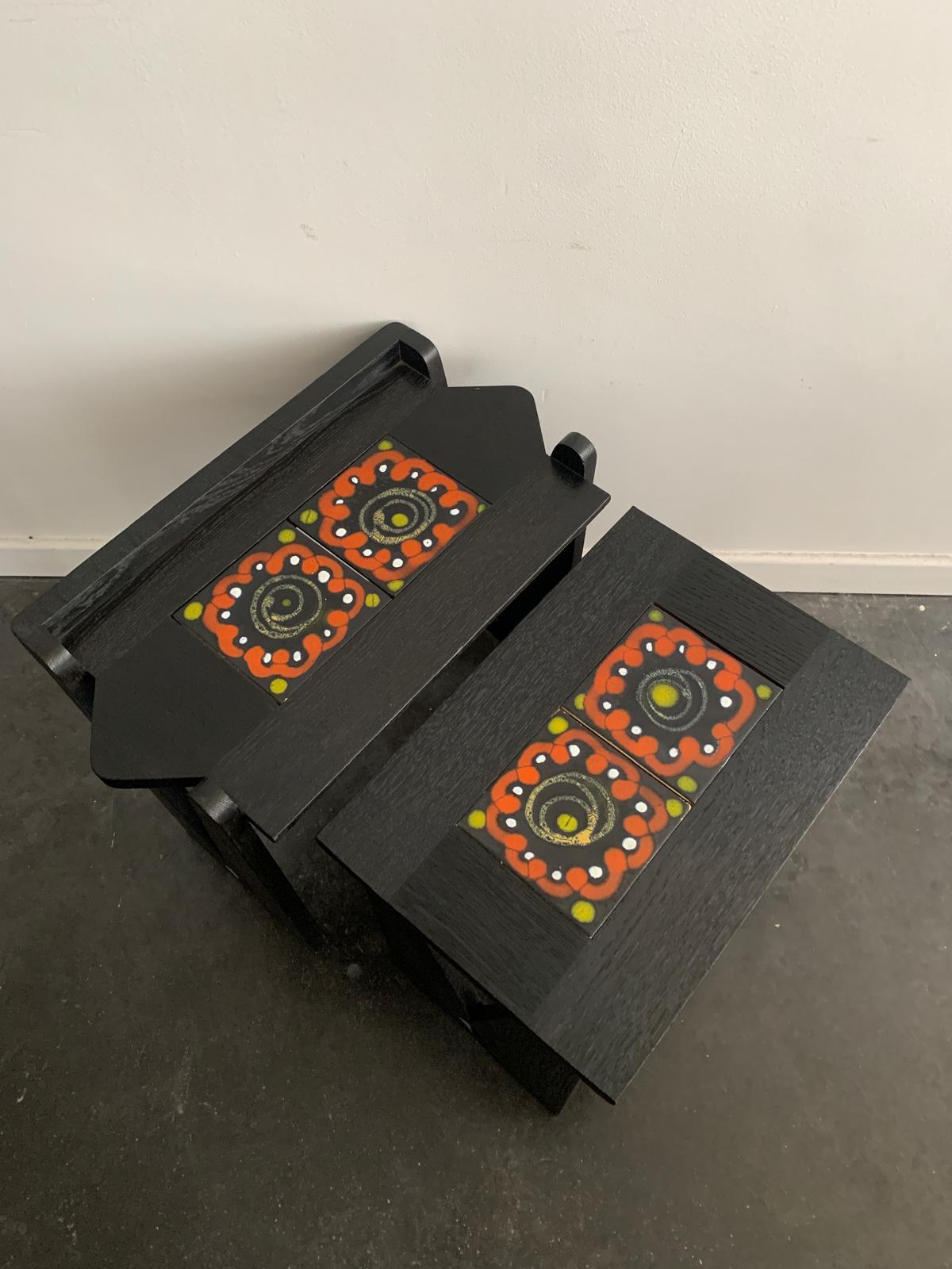 a set of 2 black oak end table in oak and ceramic by guillerme et chambron