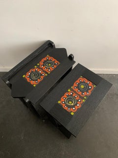 Set of two black oak and ceramic table by Guillerme et Chambron