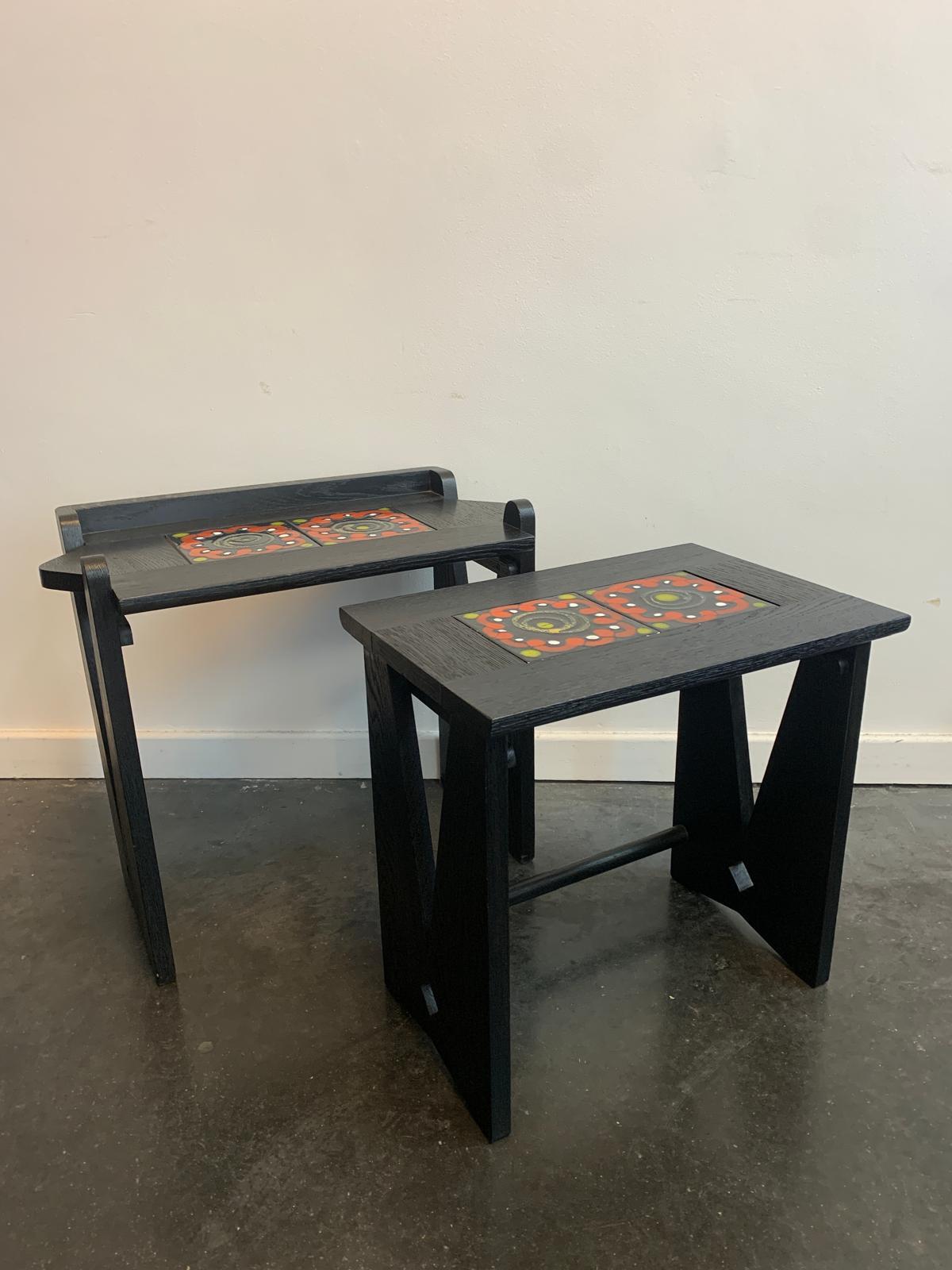 Modern Set of two black oak and ceramic table by Guillerme et Chambron For Sale