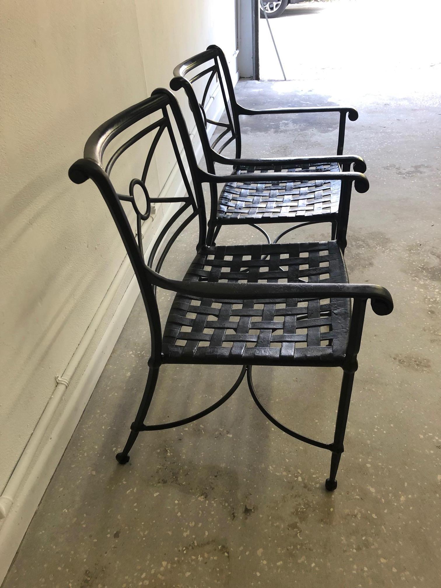 This stylish set of brown Jordan patio chairs have been professionally painted with Hamerlite paint which has an anti-rust ingredient which will give the chairs years of protection.

Note: Arm height is 25