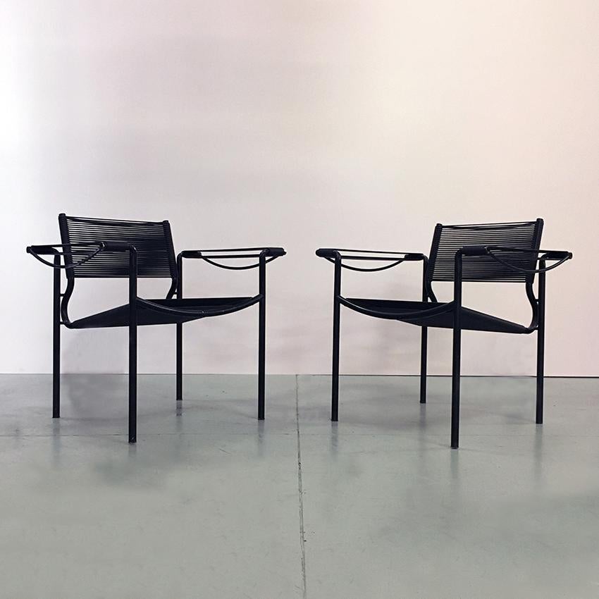 Set of two black Scooby armchair by Giandomenico Belotti for Alias dating to the seventies. Italian production in black metal rod, while seat and back are covered in black Scooby. Mark present on the back.

Good general condition, only a few flaw