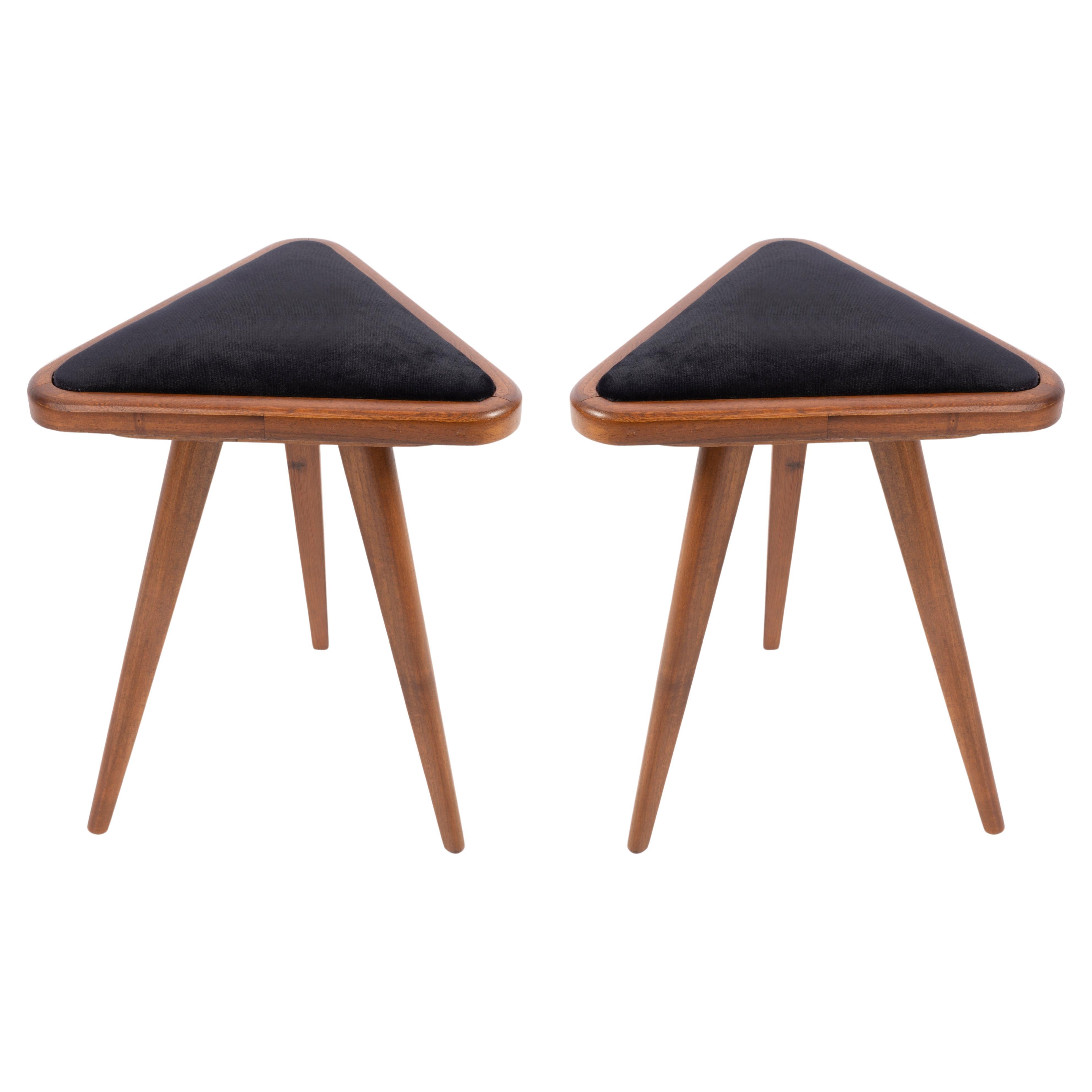Set of Two Black Velvet 20th Century Triangle Stools, Europe, 1960s For Sale