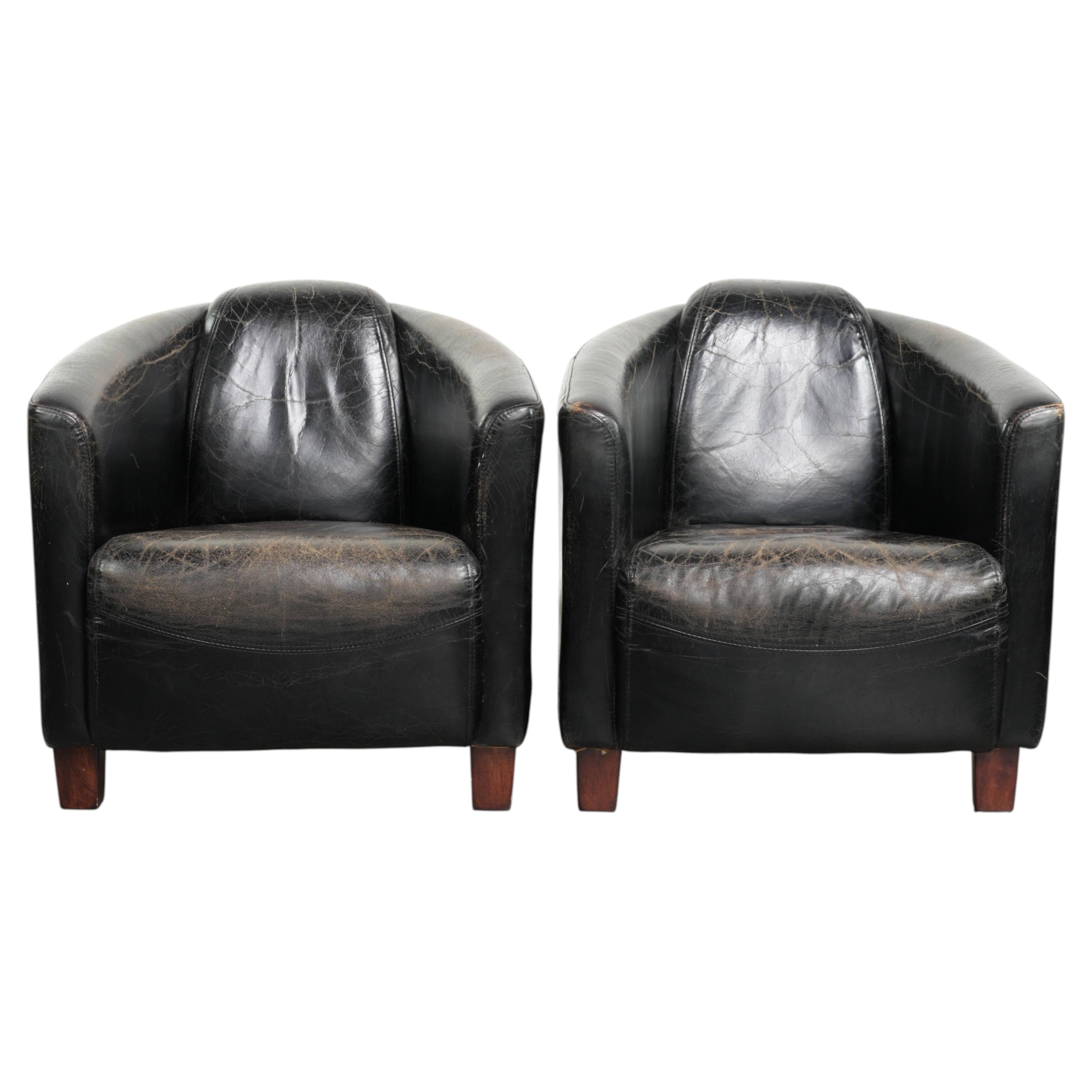 Set of two black vintage cowhide aviator design armchairs For Sale