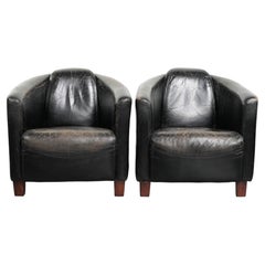 Lot de deux fauteuils vintage en cuir de vachette noir, style aviateur