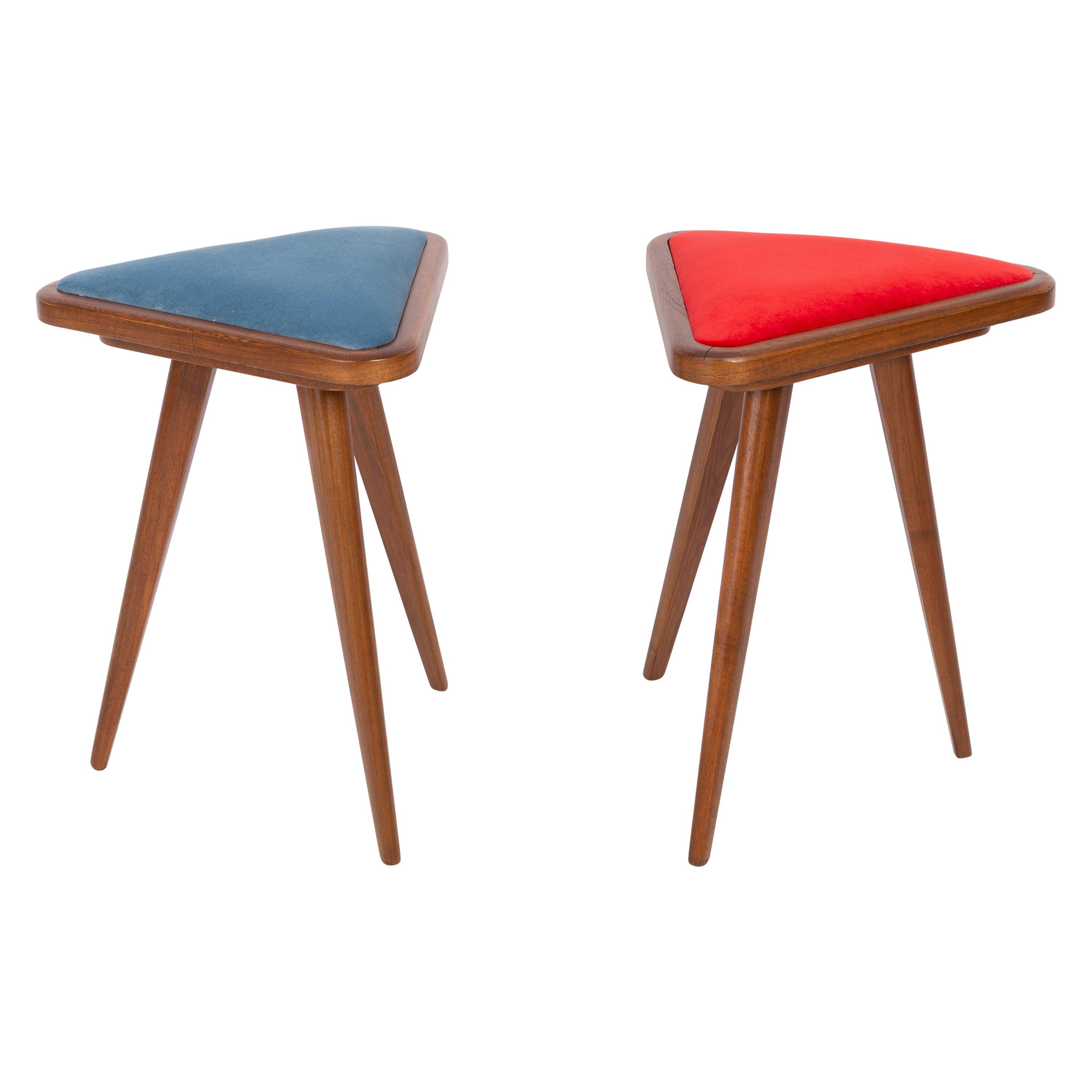Set of Two Blue and Red Velvet 20th Century Stools, 1960s For Sale