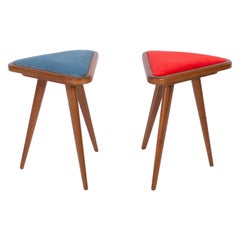 Retro Set of Two Blue and Red Velvet 20th Century Stools, 1960s