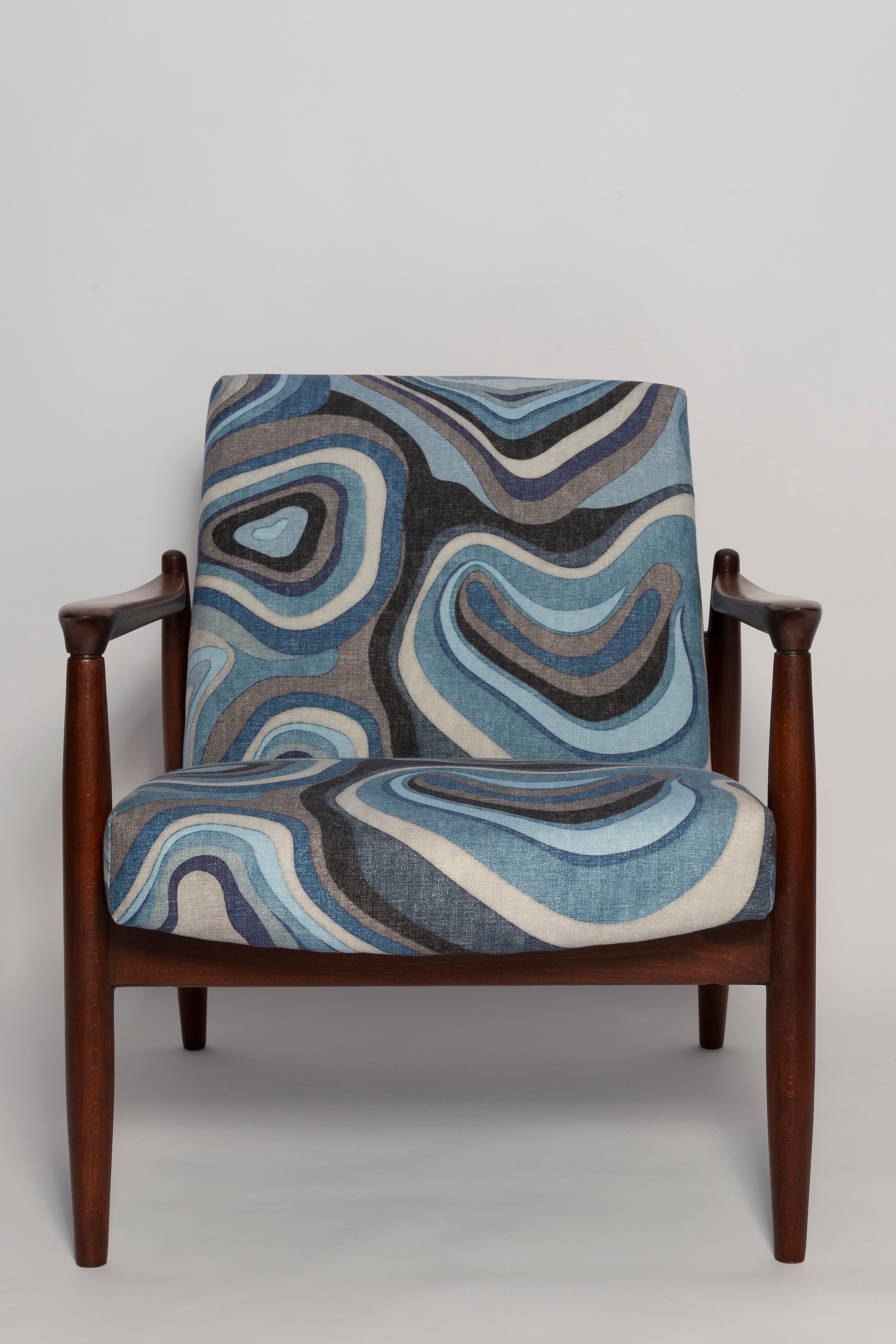 Textile Set of Two Blue Linen Mid Century GFM 64 Armchairs, Edmund Homa, Europe, 1960s For Sale