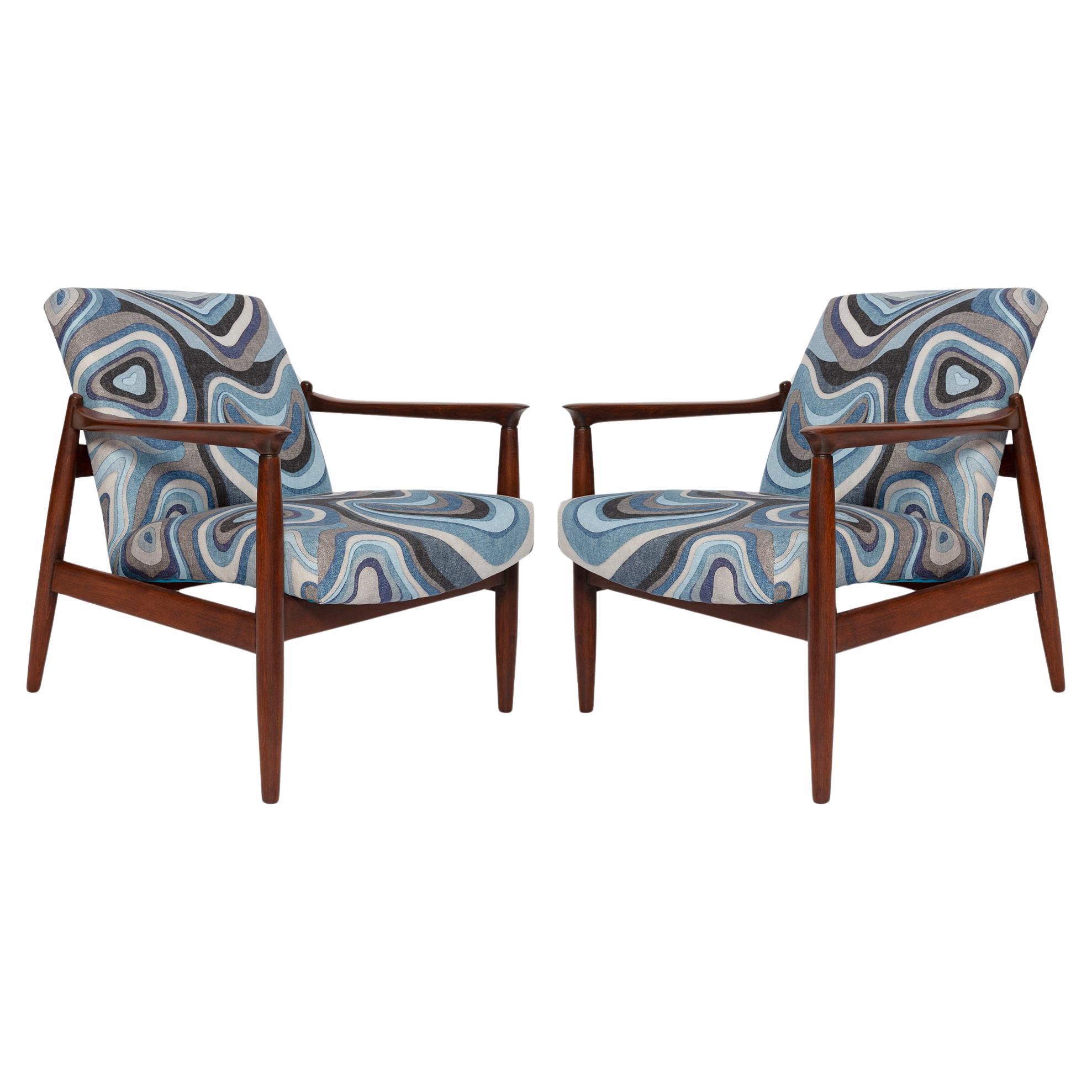 Set of Two Blue Linen Mid Century GFM 64 Armchairs, Edmund Homa, Europe, 1960s For Sale