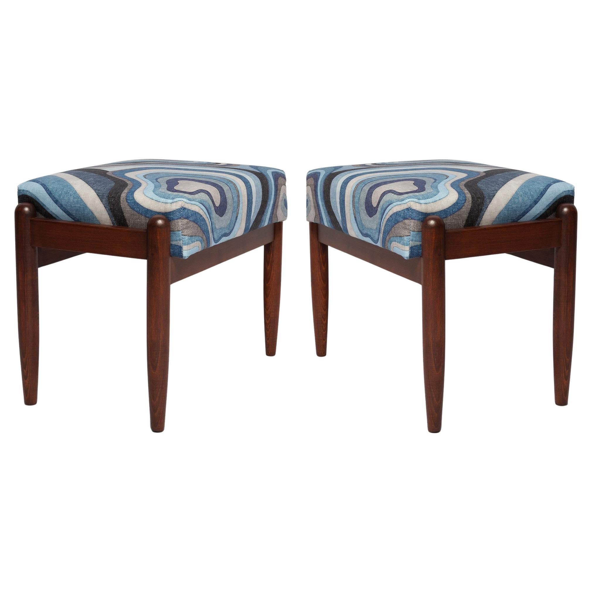 Set of Two Blue Linen Mid Century GFM Stools, Edmund Homa, Europe, 1960s