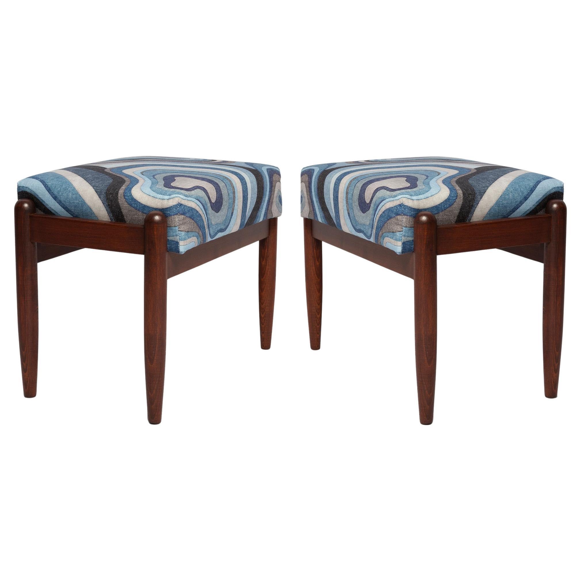 Set of Two Blue Linen Mid Century GFM Stools, Edmund Homa, Europe, 1960s