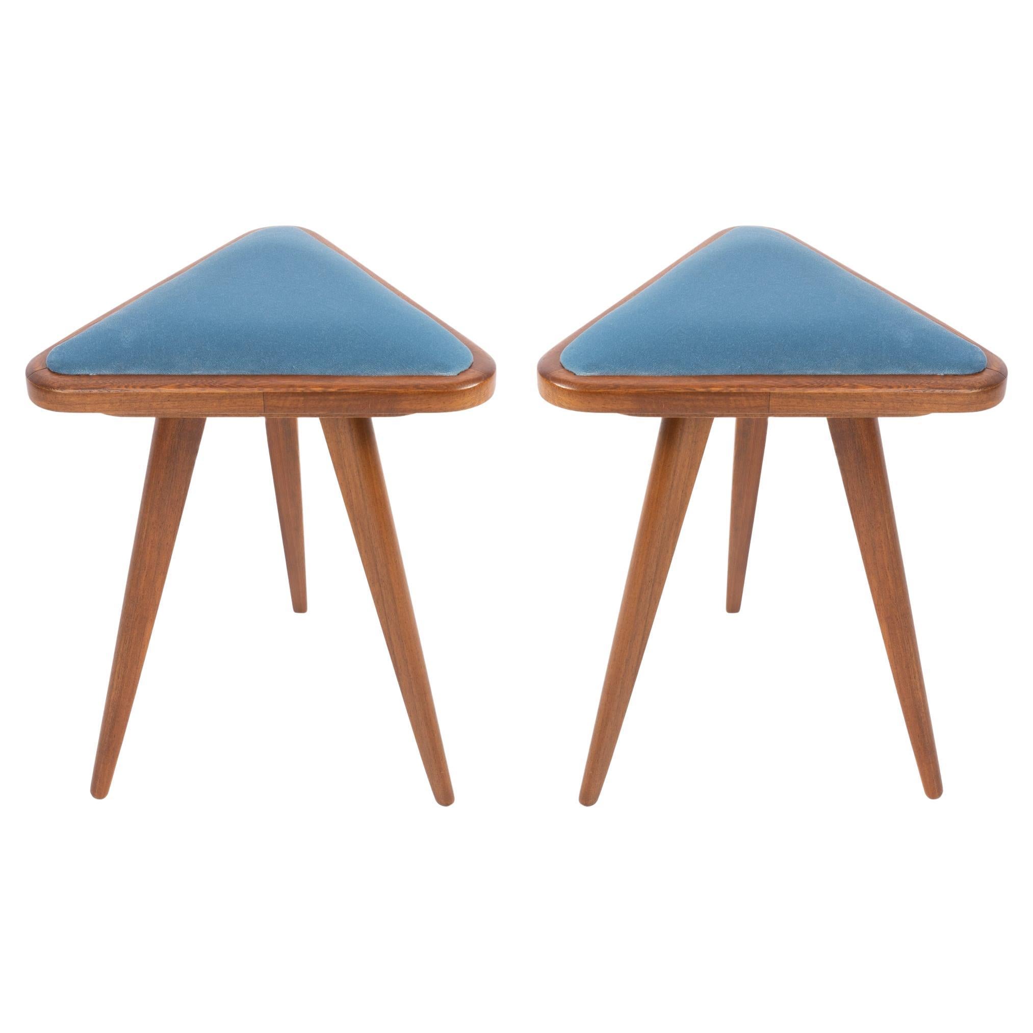Set of Two Blue Velvet 20th Century Triangle Stools, Europe, 1960s For Sale