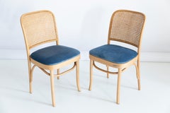 Set of Two Blue Velvet Thonet Wood Rattan Chairs, 1960s