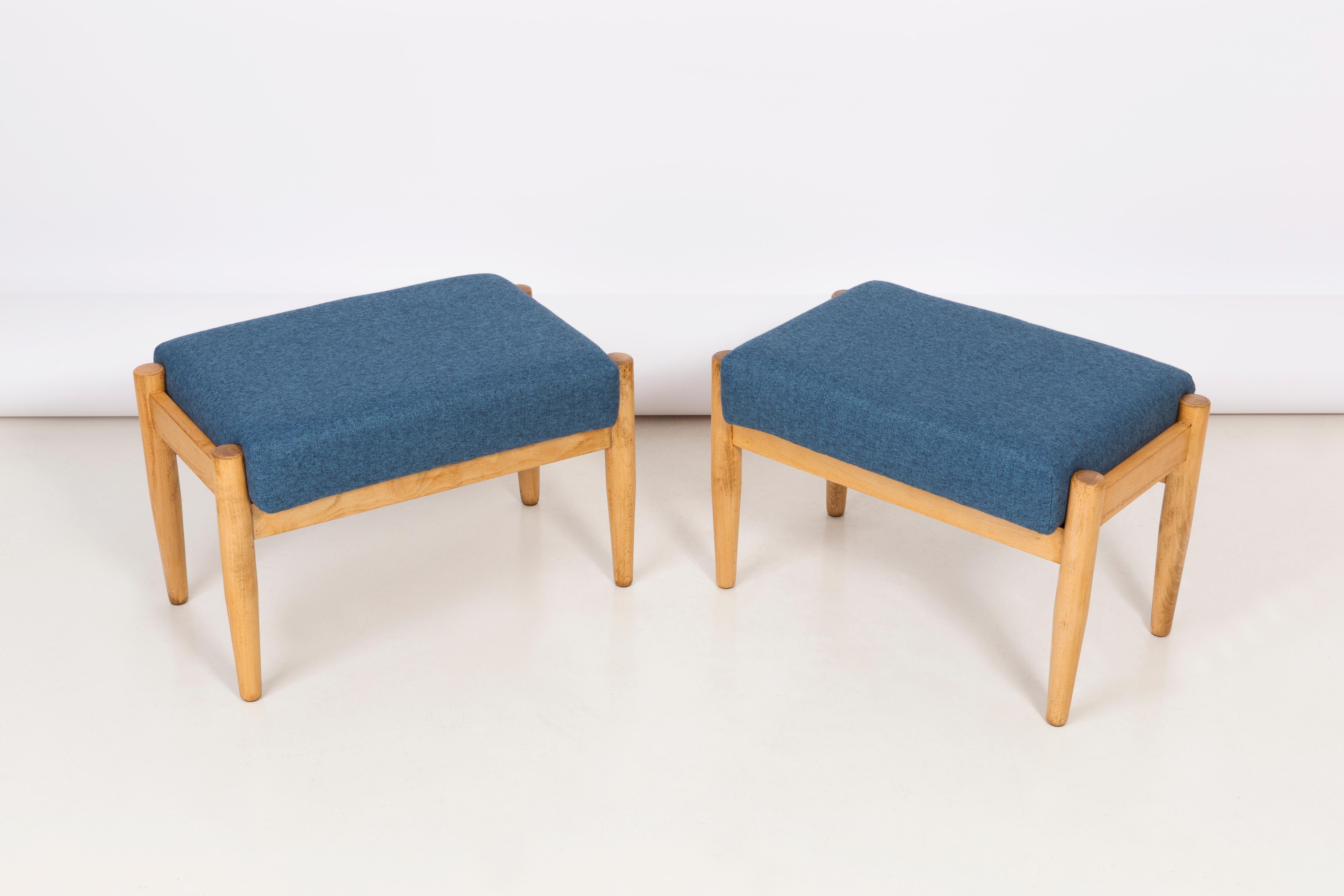 Stools from the turn of the 1960s. Beautiful blue high quality upholstery. The stools consists of an upholstered part, a seat and wooden legs narrowing downwards, characteristic of the 1960s style. We can prepare this stools also in another option