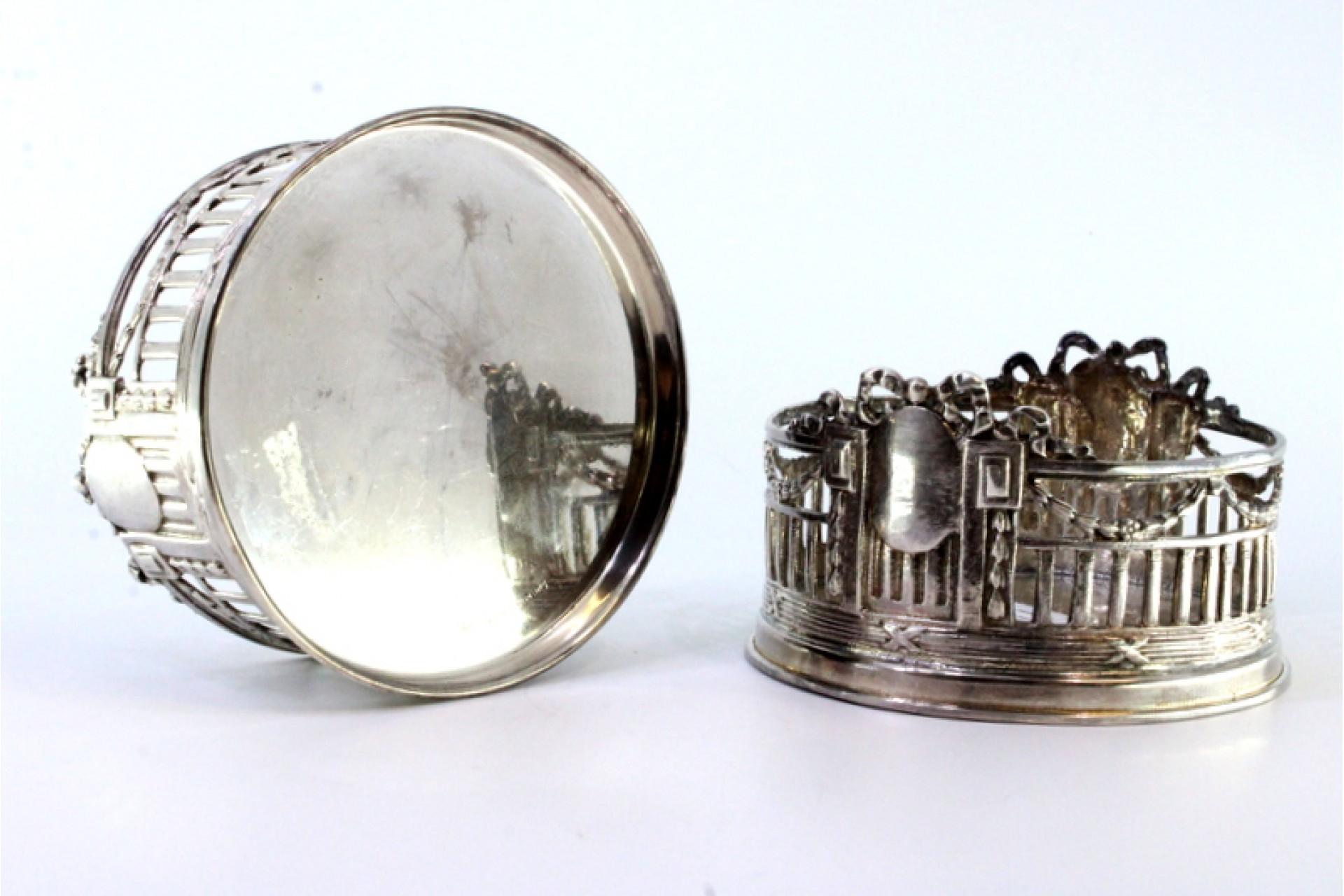 20th Century Set of two bottle bottoms in cut silver w/ monogram cards & surrounding strips For Sale