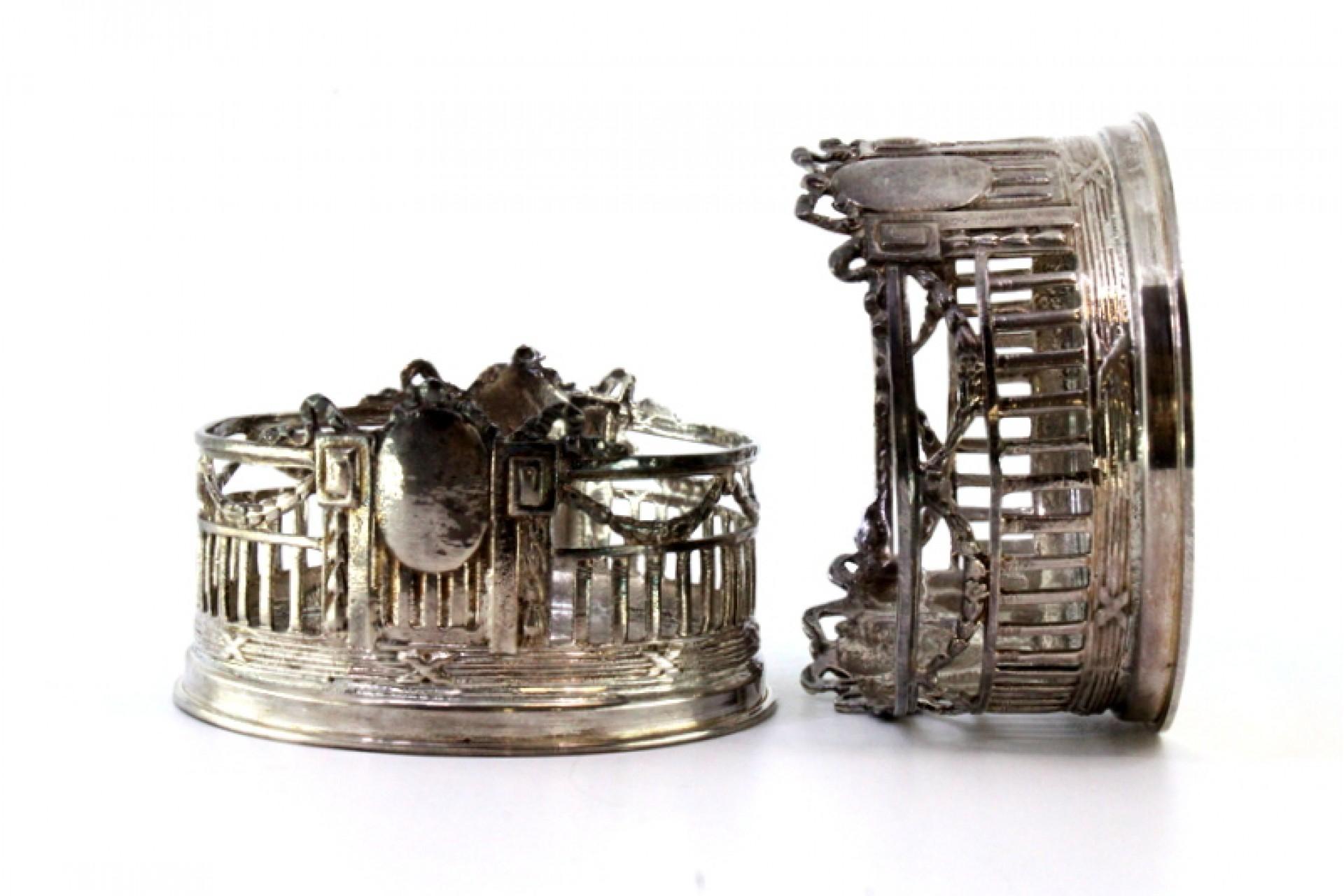 Silver Set of two bottle bottoms in cut silver w/ monogram cards & surrounding strips For Sale