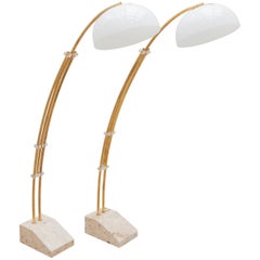 Vintage Set of Two Brass Adjustable Arc Floor Lamps with Marble Base, Italy 1970s