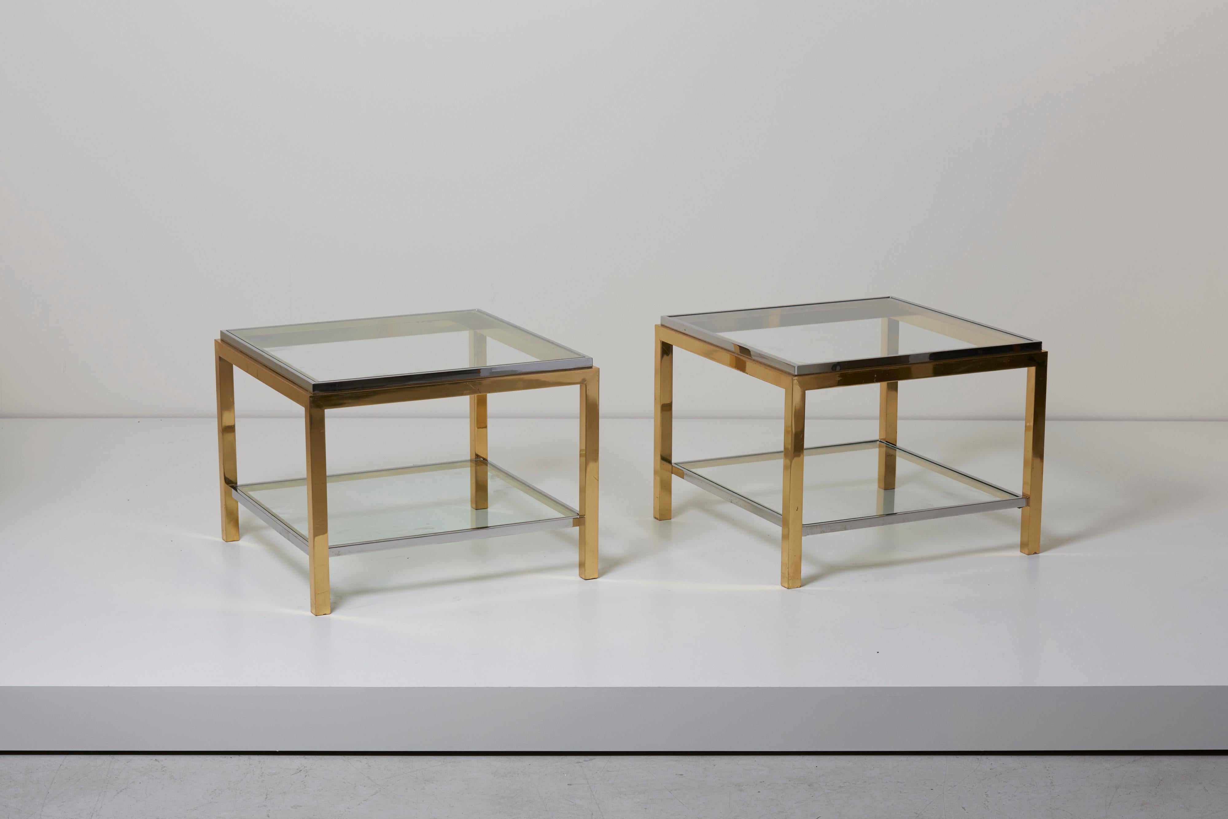 Hollywood Regency Set of Two Brass and Chrome Side or Coffee Tables by Maison Charles