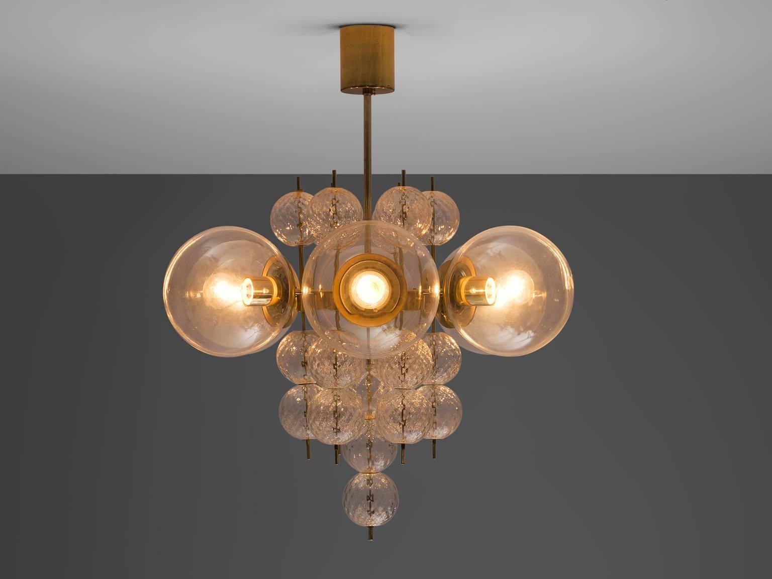 Mid-Century Modern Set of Two Brass and Glass Chandeliers