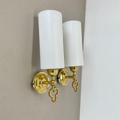 Set of Two Brass and satin glass theatre Wall Lights Sconces, Italy, 1970s