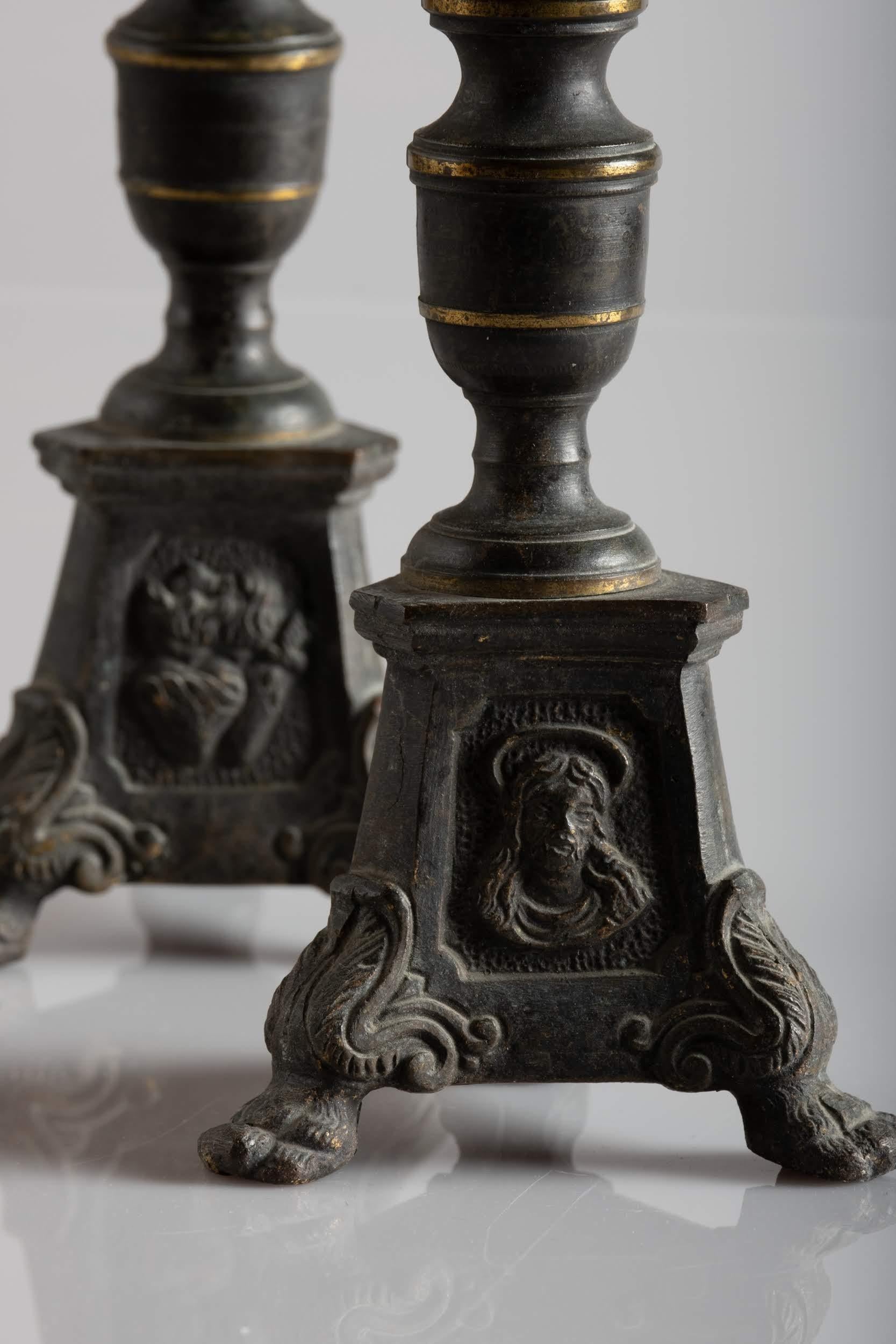 Set of Two Brass Candleholders with Gilt Details, Italy, Early 1800 In Good Condition For Sale In New York, NY