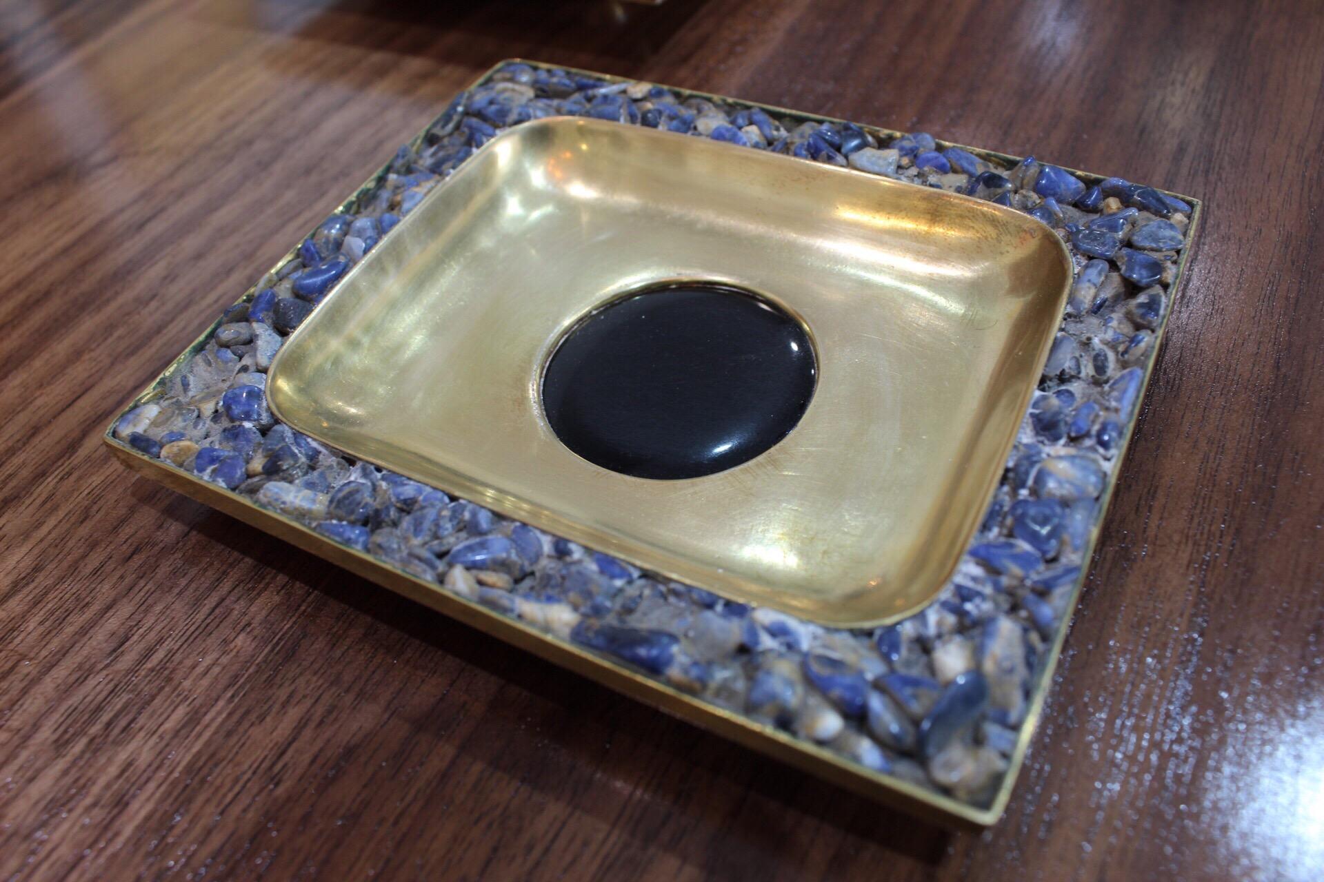 Mid-Century Modern Set of Two Brass Trays with Semi Precious Stones