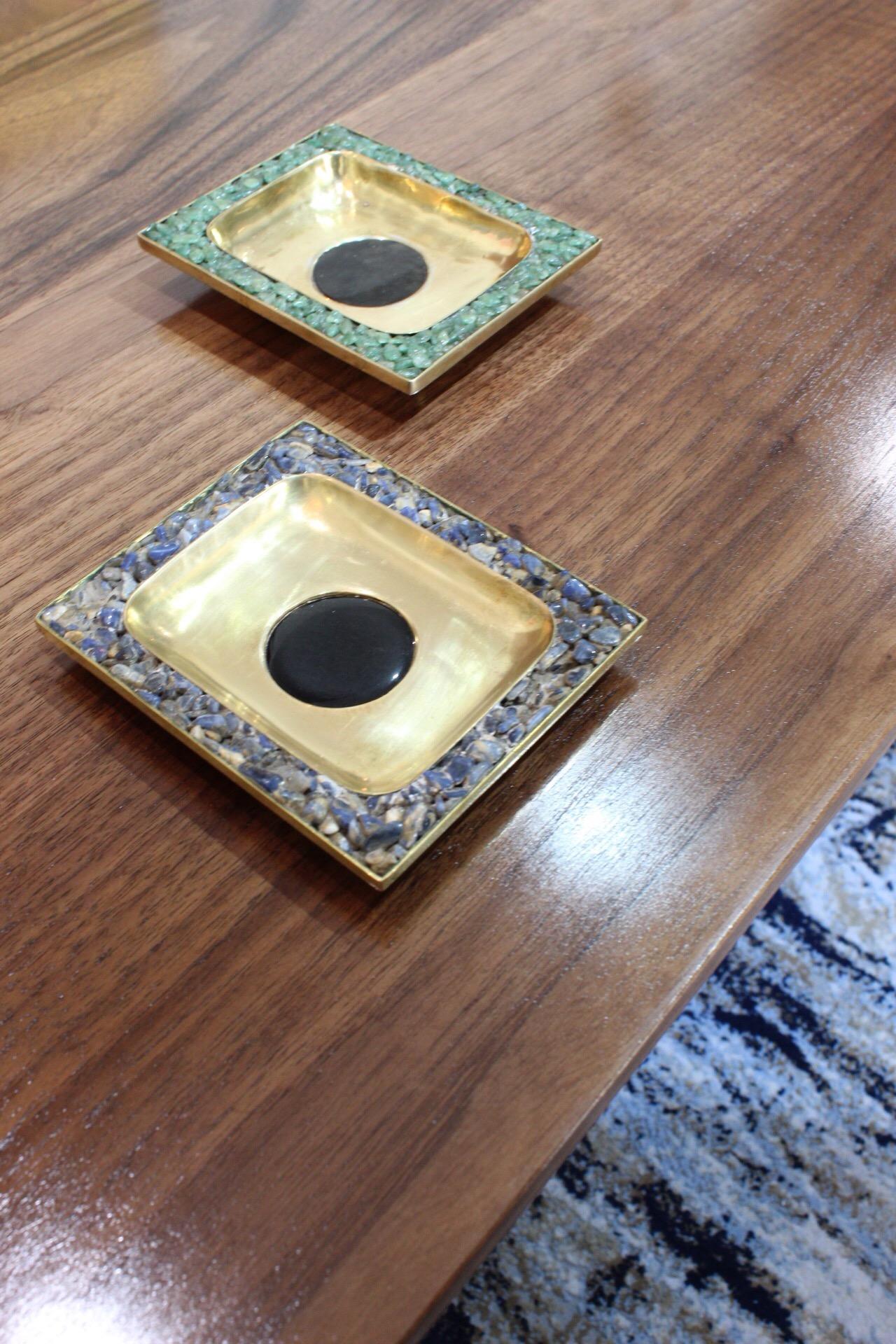 Mexican Set of Two Brass Trays with Semi Precious Stones