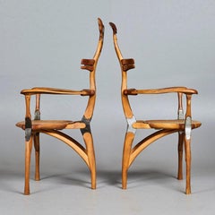 Set of Two Braziian Ashwood "TOTEM" Chairs with Bird Figures and Metal Details