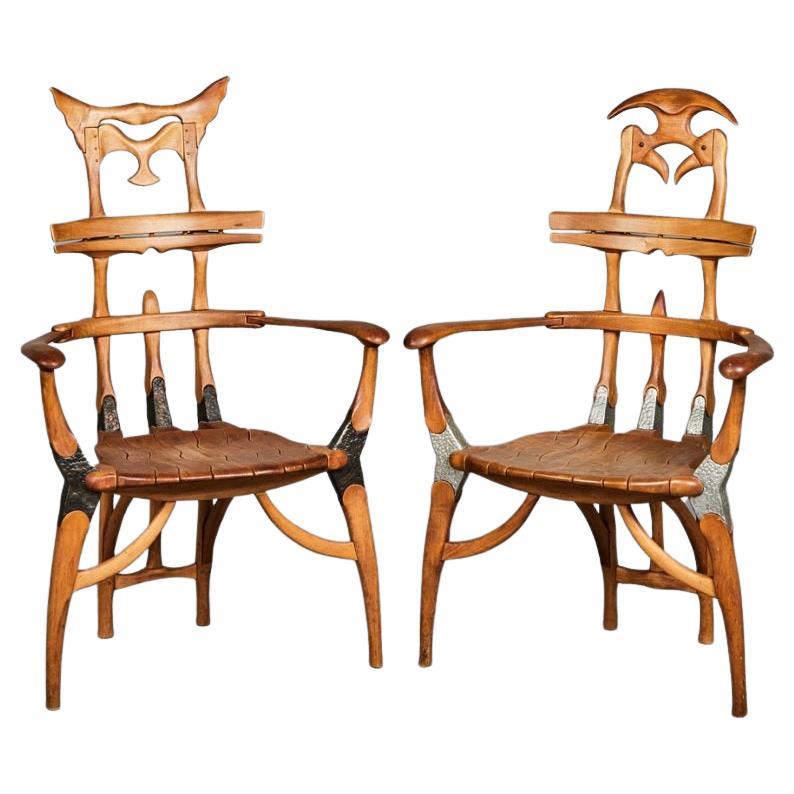 Set of Two Braziian Ashwood "TOTEM" Chairs with Bird Figures and Metal Details For Sale