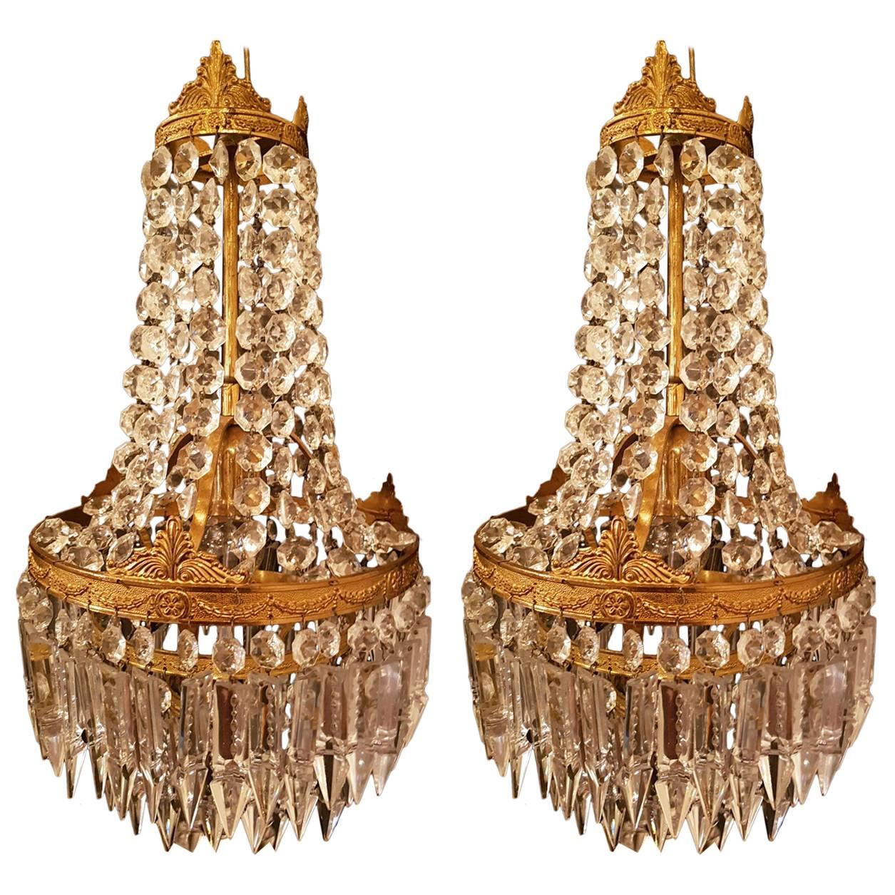 Set of Two Bronze and Crystal Chandeliers in Sac a Perle Style For Sale