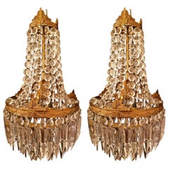 Vintage Set of Two Bronze and Crystal Chandeliers in Sac a Perle Style
