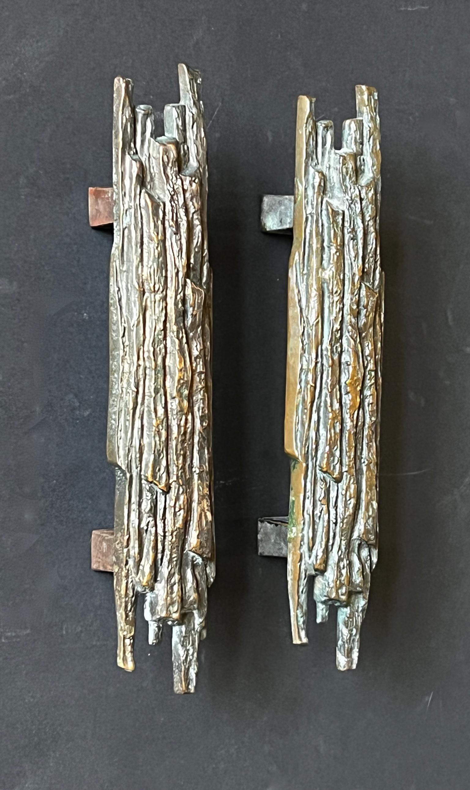 Mid-Century Modern Set of Two Bronze Door Handles with Tree Bark Relief