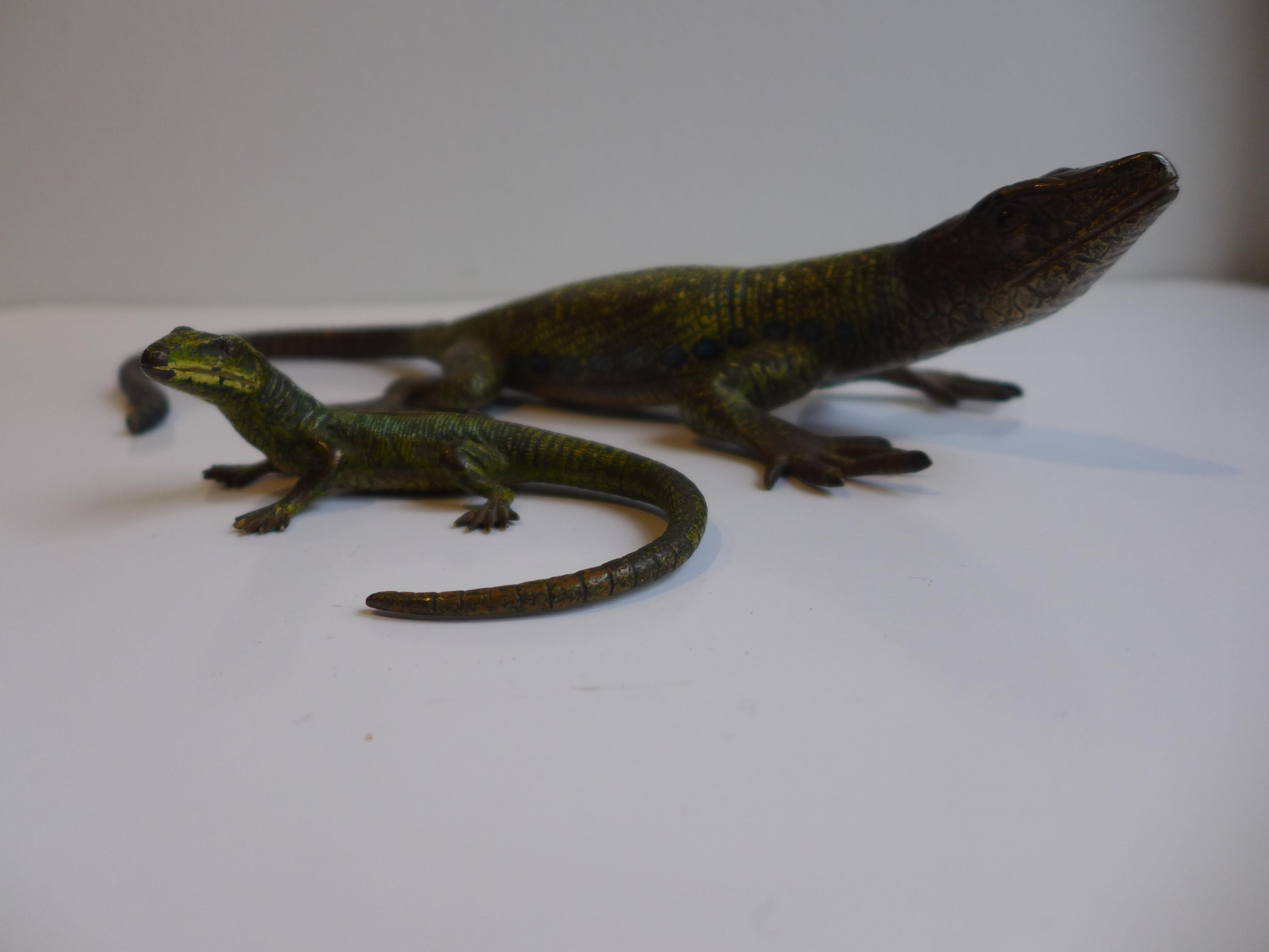 A charming pair of Viennese bronzes attributed to Bergmann, consisting of one large and one small lizard. Both pieces are finely cast, crisply detailed, and display a beautiful, well-preserved patina typical of quality Vienna Bronze work.
An