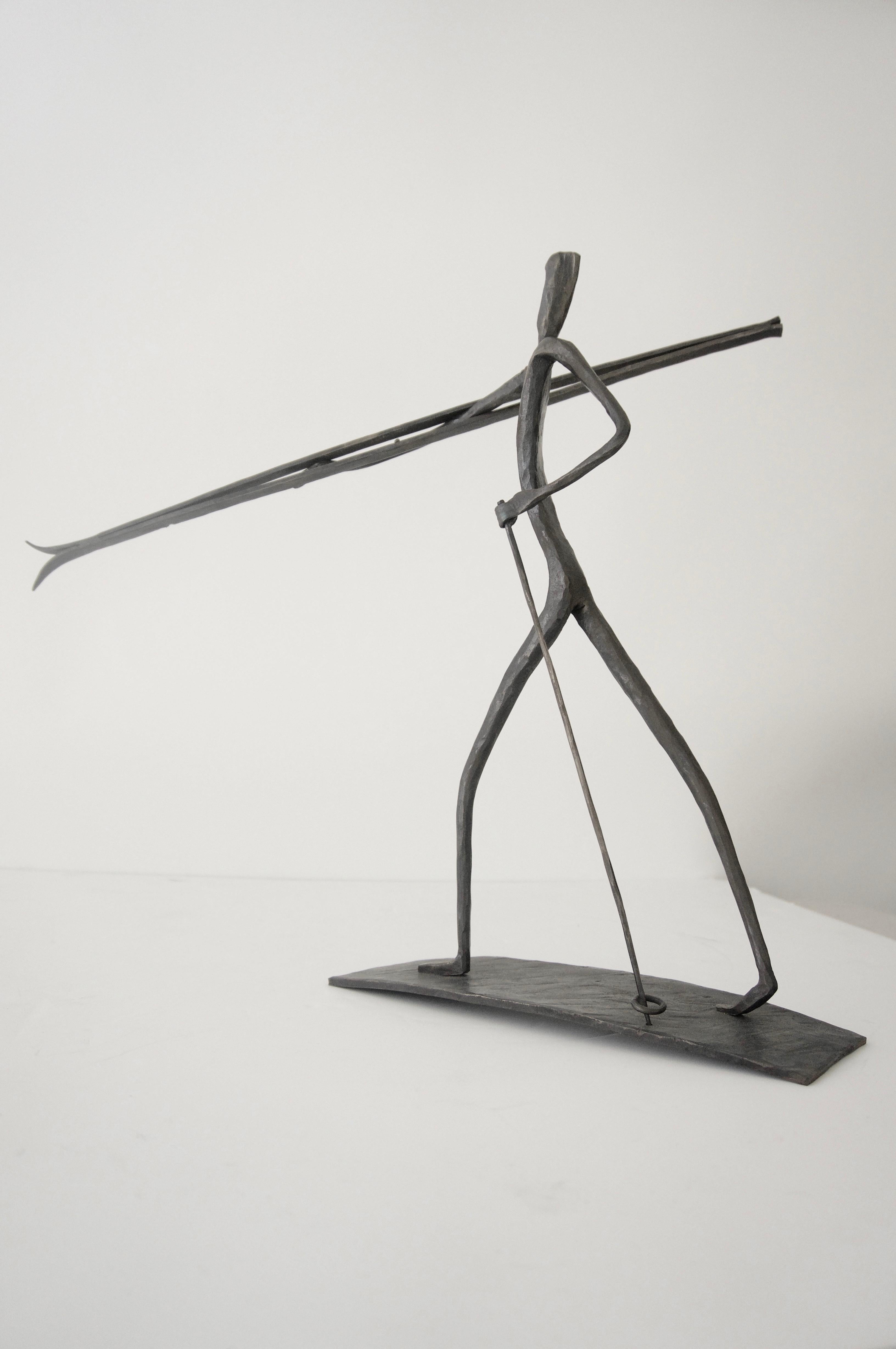 Hand-Crafted Set of Two Bronze Sculptures of Skiing Figures