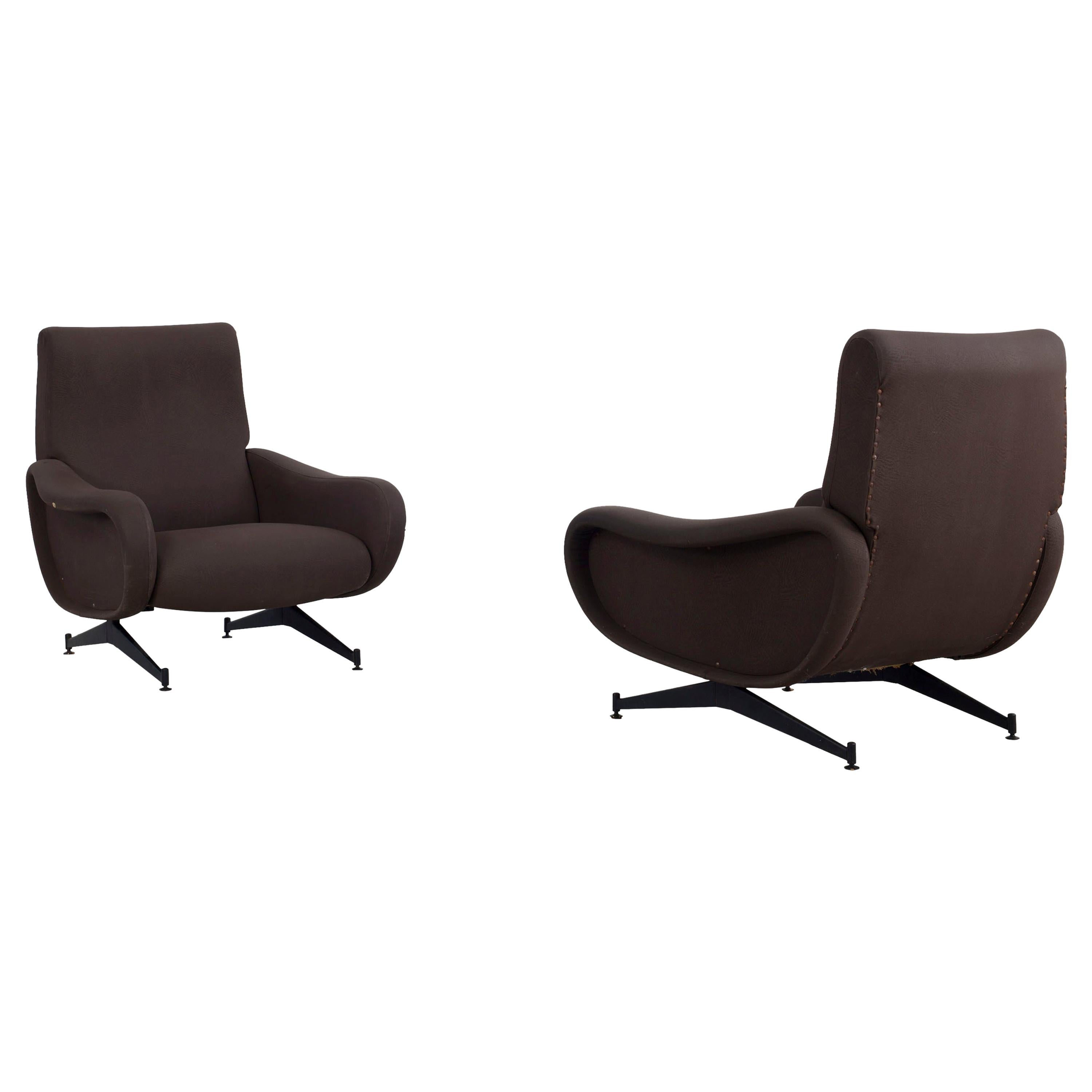 Set of Two Brown Armchairs in the Manner of Marco Zanuso, Ladychairs, Italy