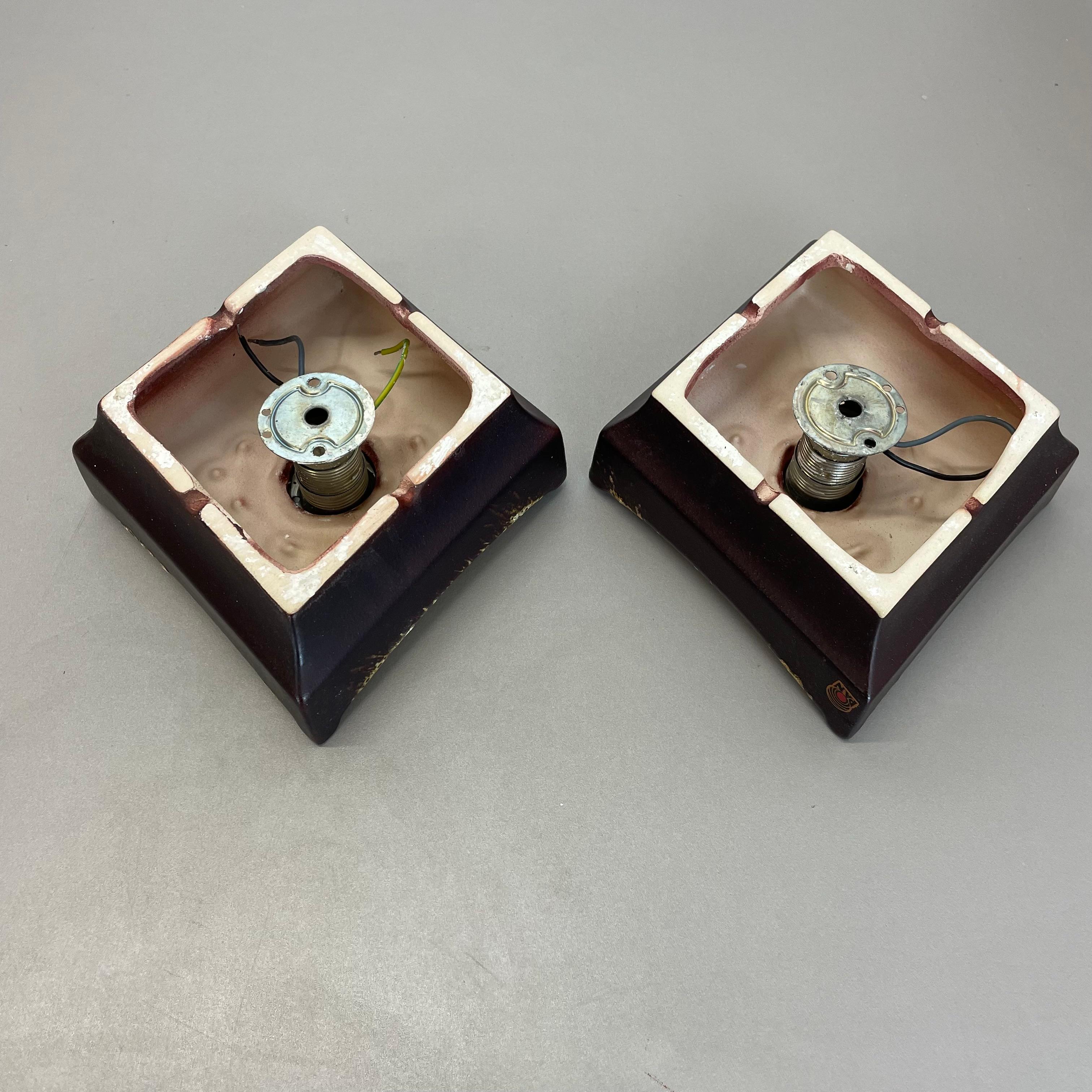 Set of Two Brown beige Ceramic Fat Lava Wall Lights by Pan Ceramics Germany 1970 For Sale 11
