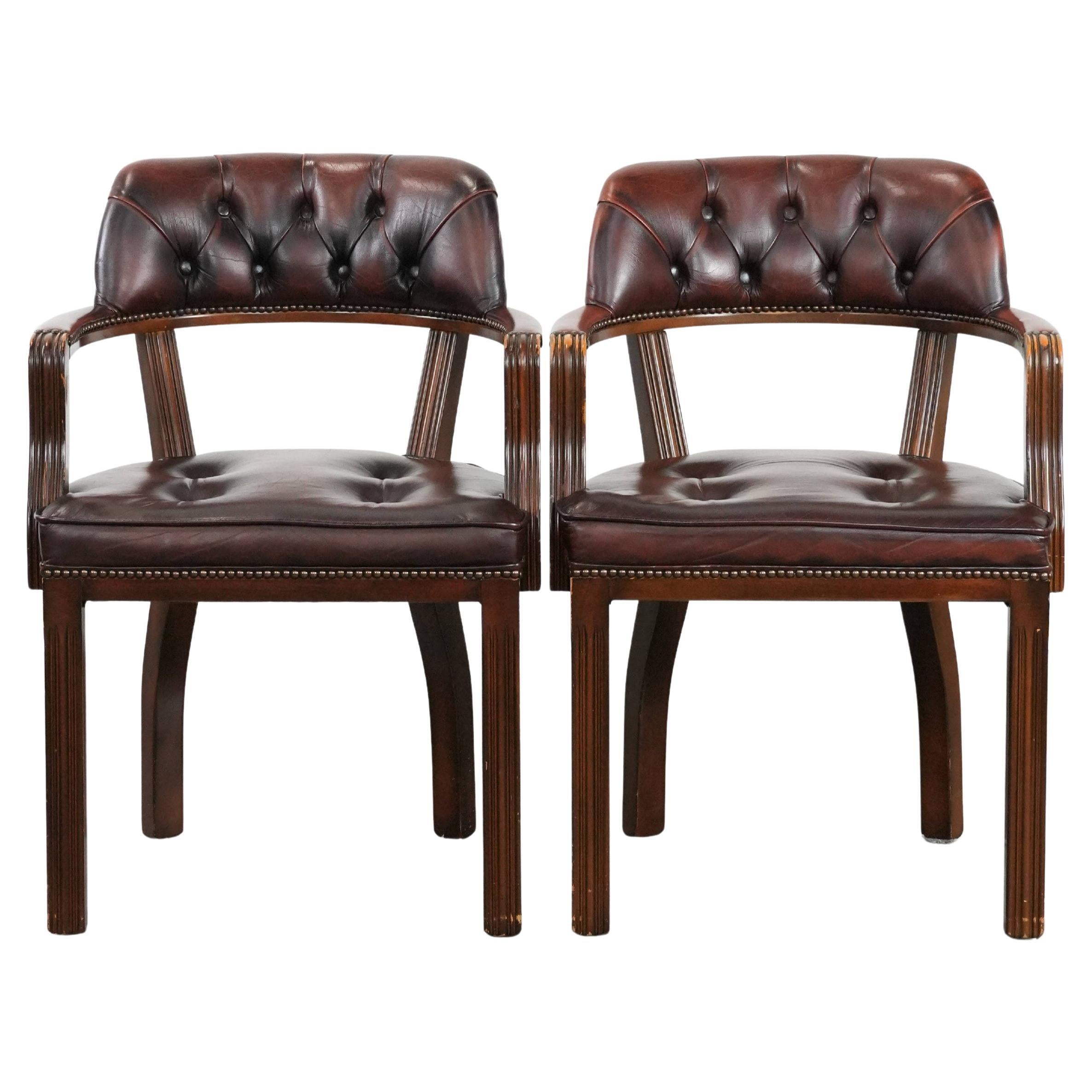 Set of two brown cow leather Chesterfield dining chairs in English style