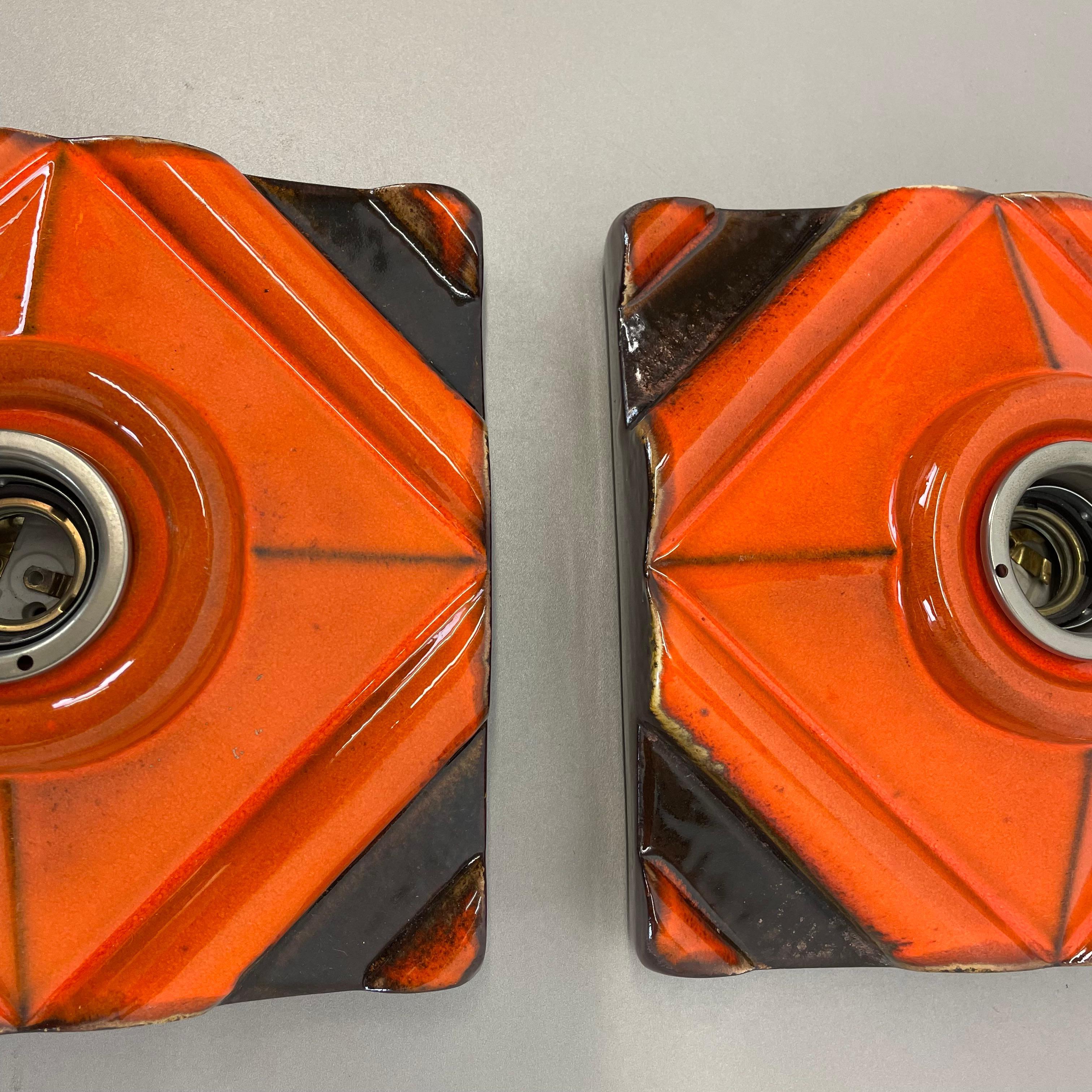 Set of Two brown-Orange Ceramic Fat Lava Wall Lights Pan Ceramics, Germany 1970 For Sale 4