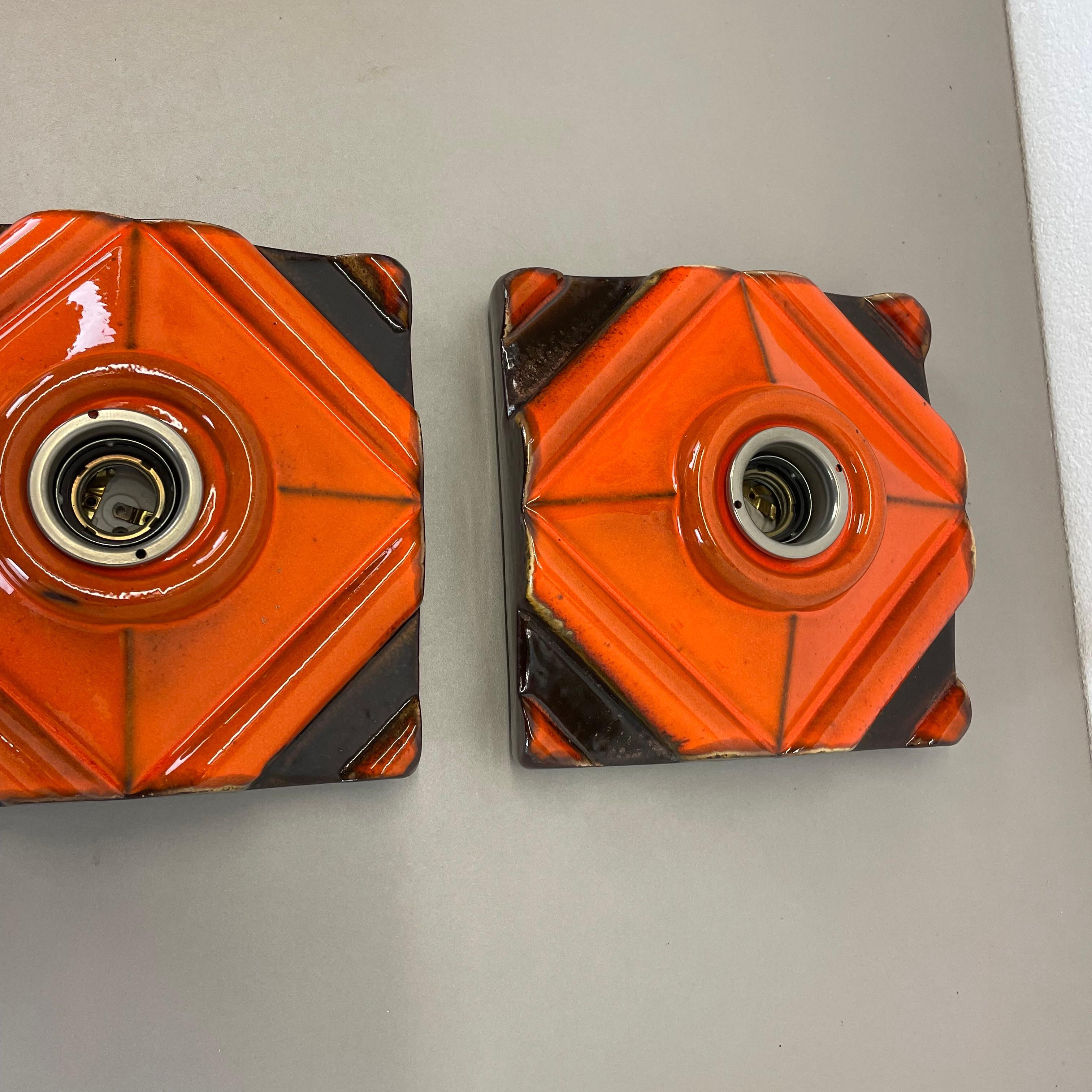Set of Two brown-Orange Ceramic Fat Lava Wall Lights Pan Ceramics, Germany 1970 For Sale 3