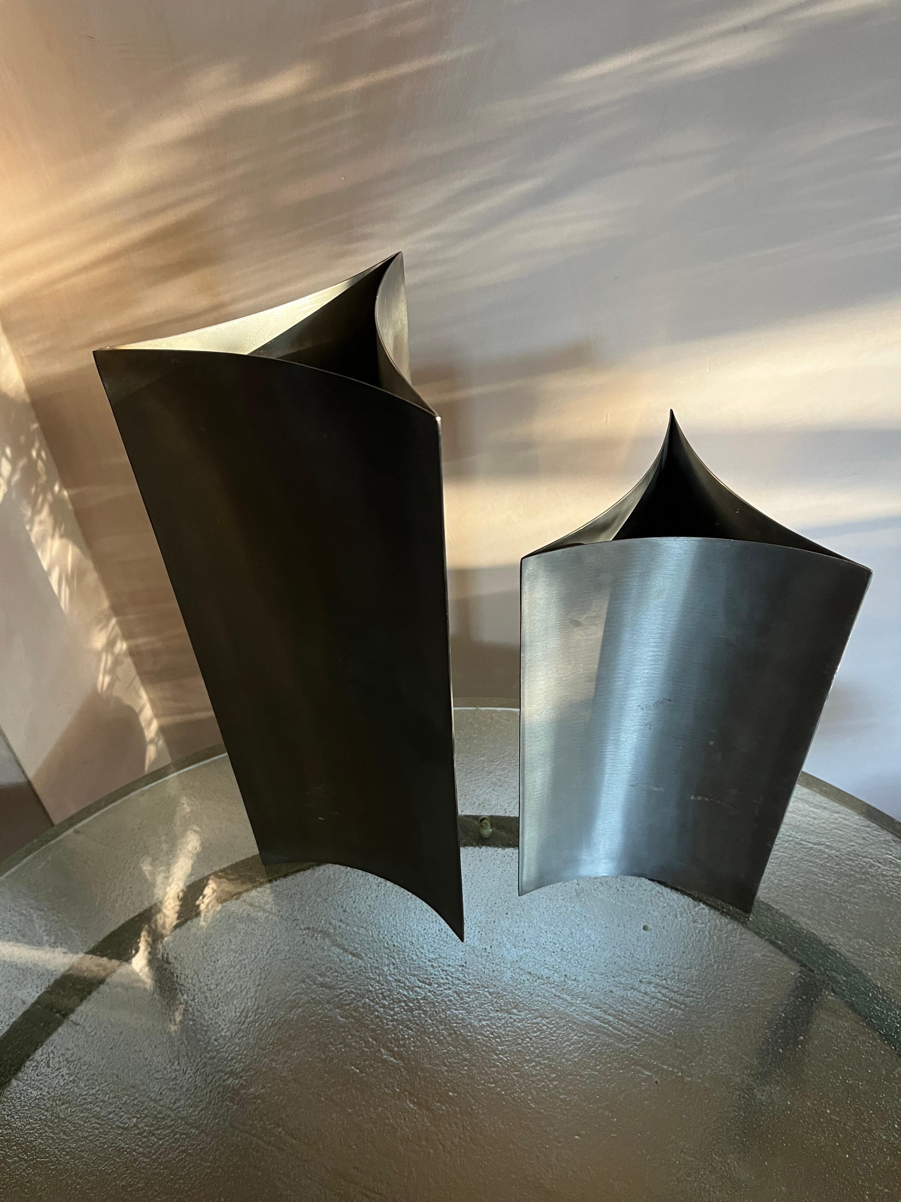 Italian Set of two brushed steel vases by Morbelli