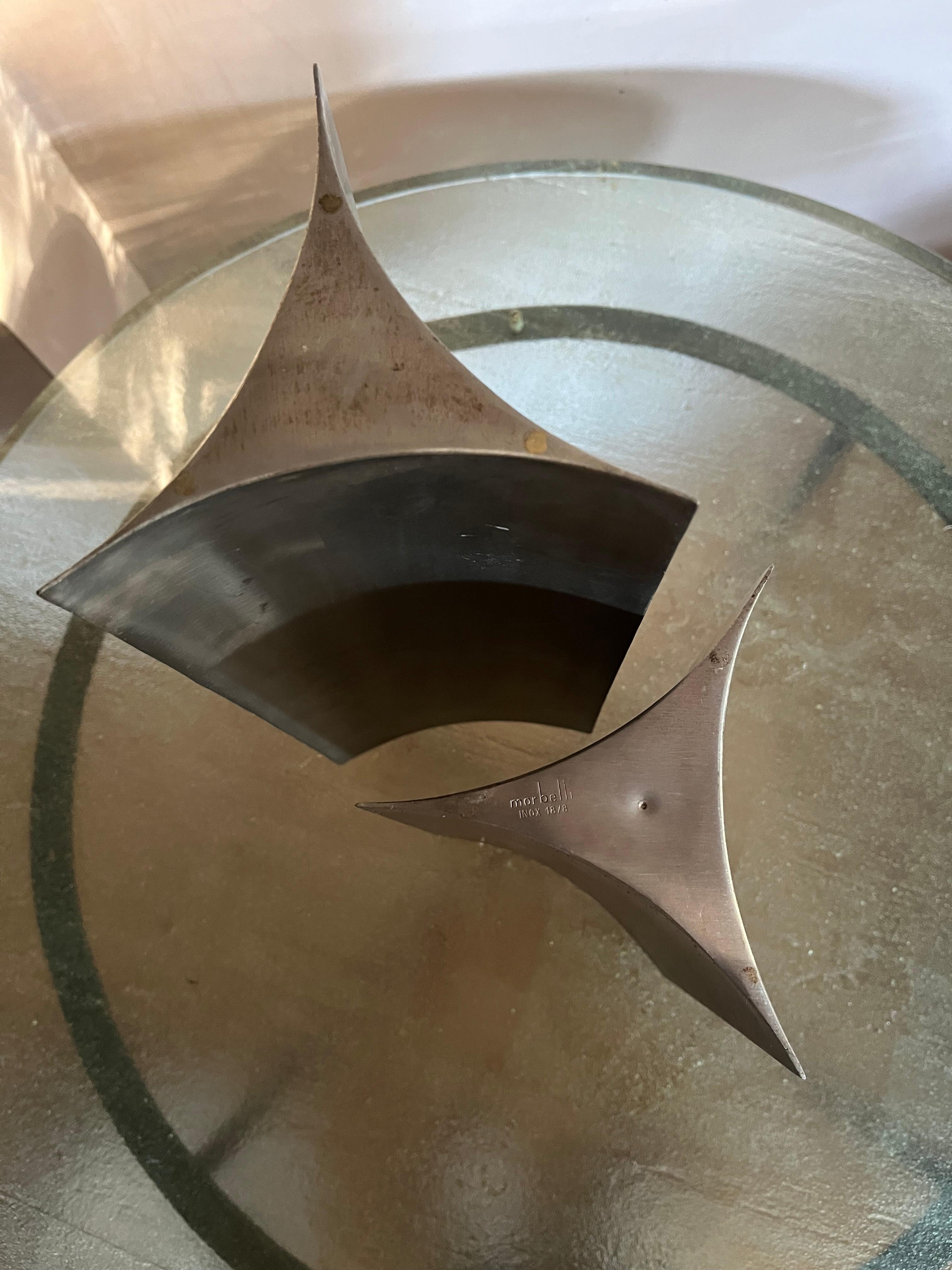 Brushed Set of two brushed steel vases by Morbelli